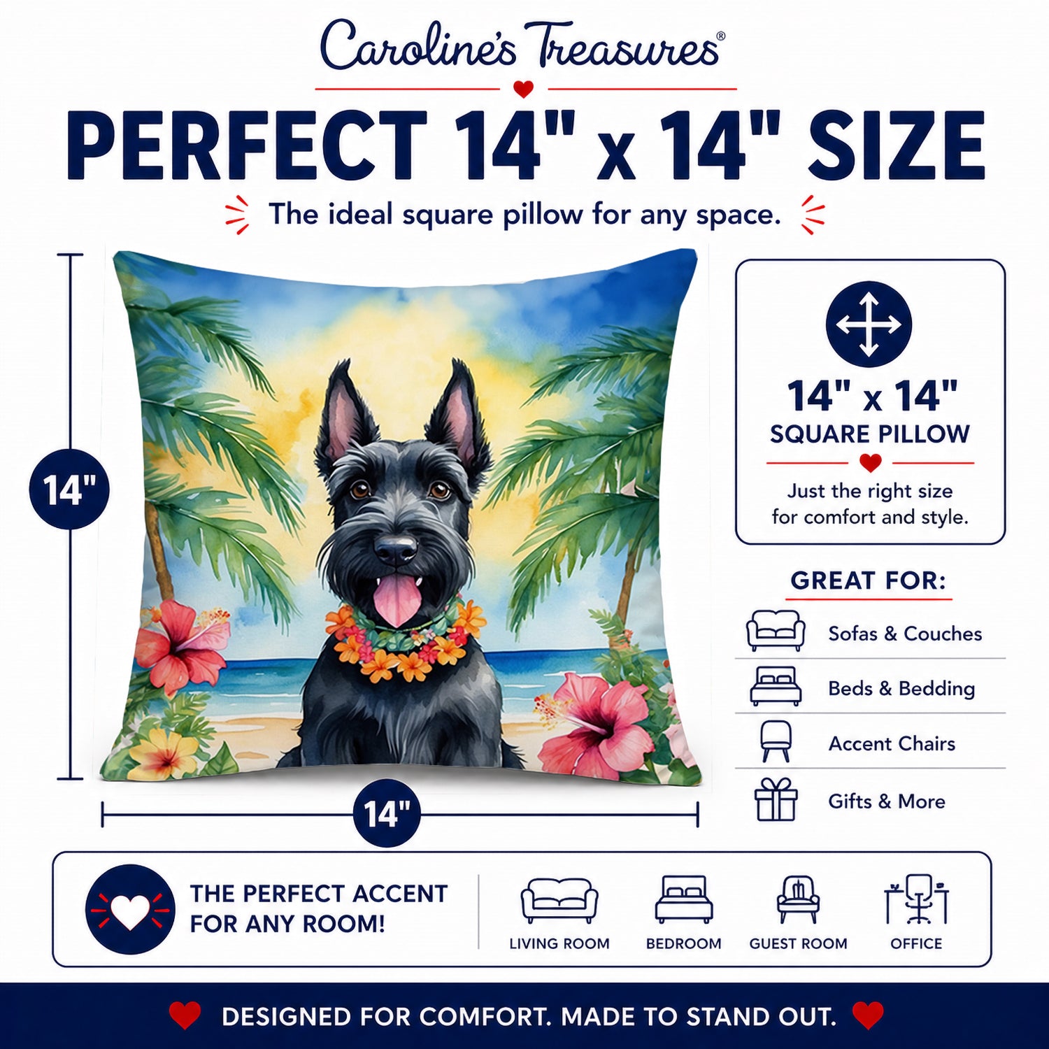 Scottish Terrier Luau Decorative Throw Pillow 14x14 Indoor Outdoor Accent Cushion, Fabric Cover with Insert for Sofa, Bed, Porch & Living Room