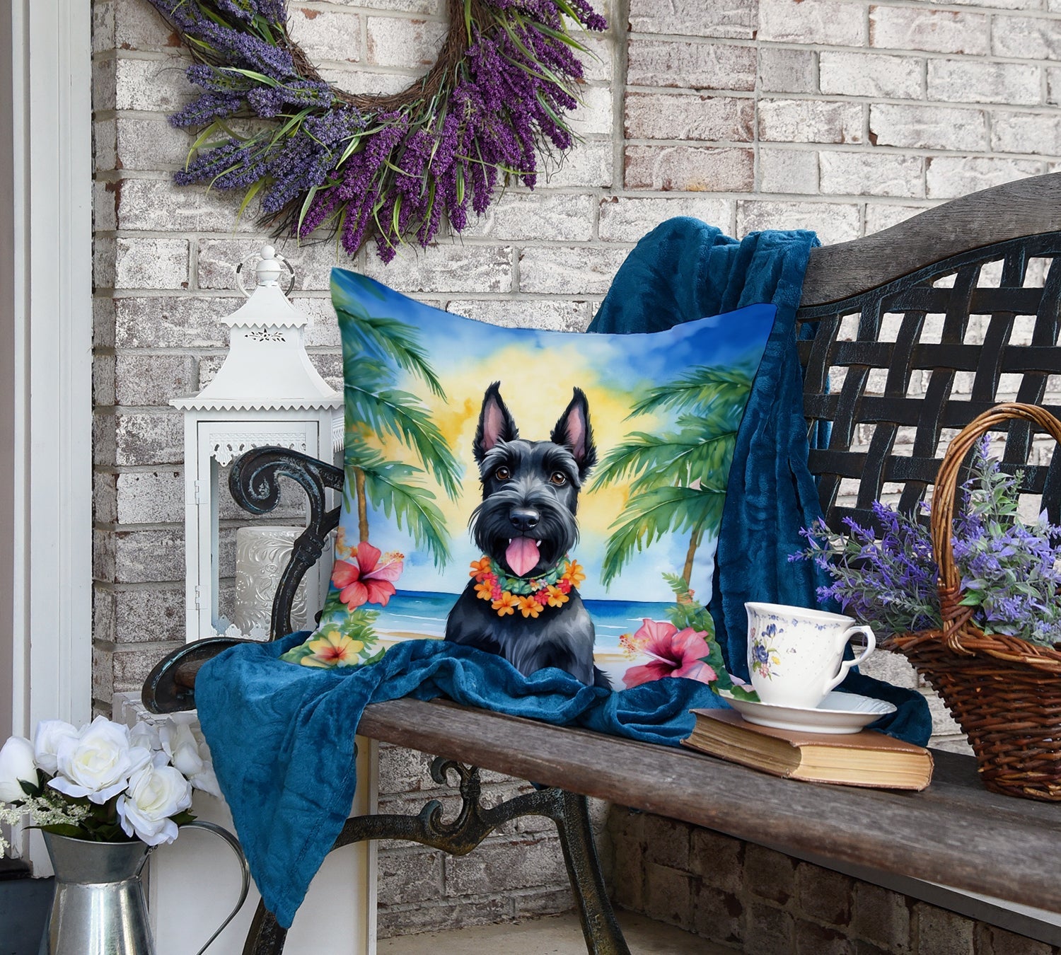 Scottish Terrier Luau Decorative Throw Pillow 18x18 Indoor Outdoor Accent Cushion, Fabric Cover with Insert for Sofa, Bed, Porch & Living Room