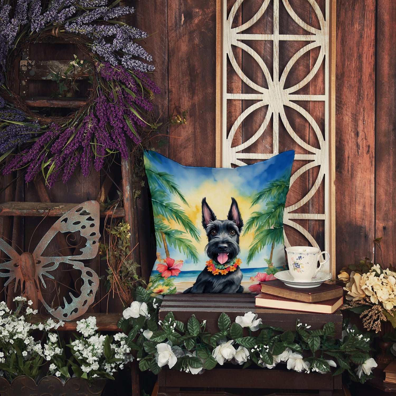 Scottish Terrier Luau Decorative Throw Pillow 18x18 Indoor Outdoor Accent Cushion, Fabric Cover with Insert for Sofa, Bed, Porch & Living Room