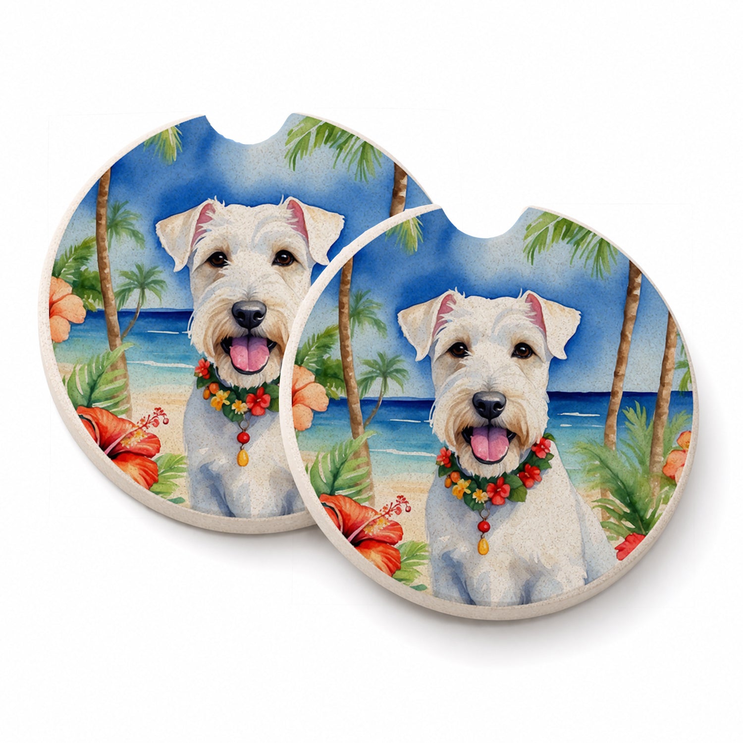 Sealyham Terrier Luau Set of 2 Cup Holder Car Coasters Absorbent Round Sandstone Coasters Gifts for Men or Women, 2.5, Multicolor