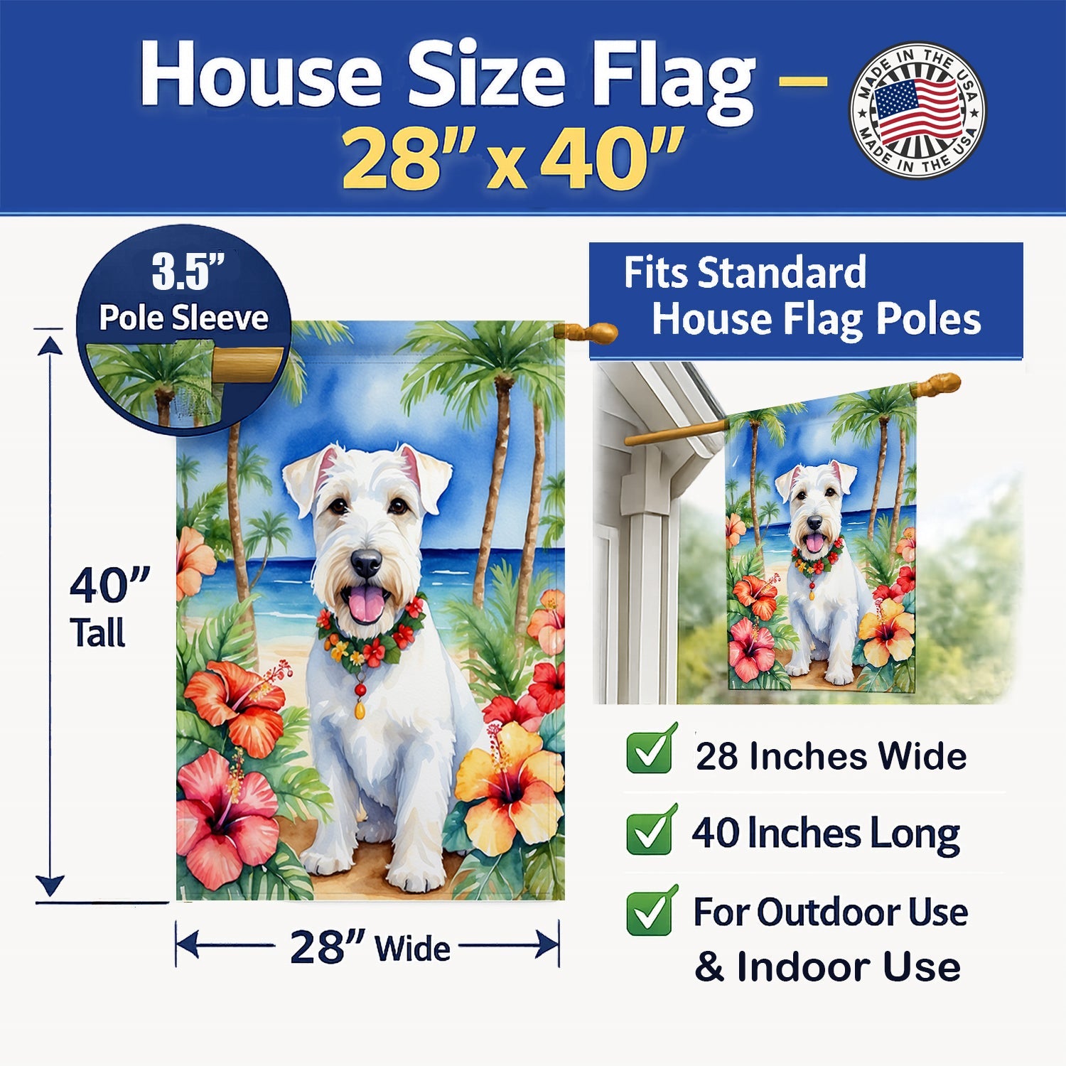 Sealyham Terrier Luau House Flag 28x40 Porch Sleeve Pole Decorative Outside Yard Banner Artwork Wall Hanging, Polyester