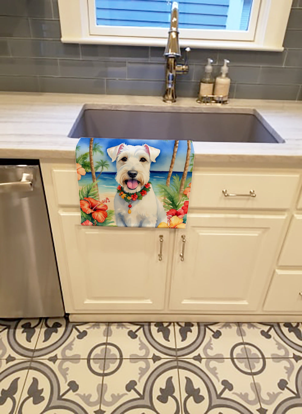 Sealyham Terrier Luau Kitchen Towel Velour Plush Front and Cotton Loop Back Machine Washable