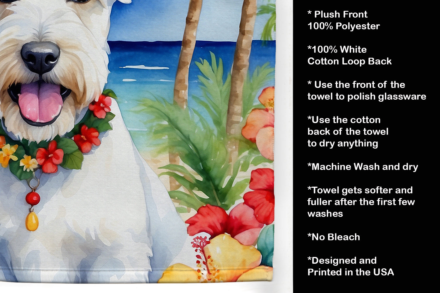 Sealyham Terrier Luau Kitchen Towel Velour Plush Front and Cotton Loop Back Machine Washable