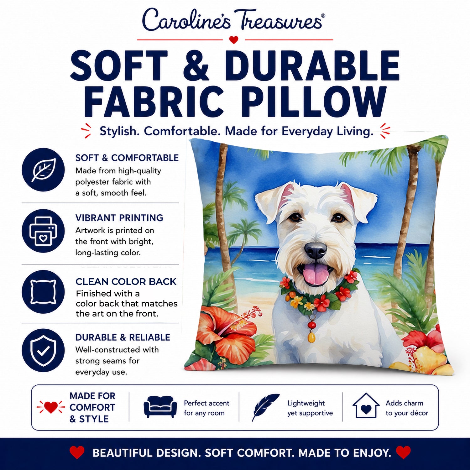 Sealyham Terrier Luau Decorative Throw Pillow 14x14 Indoor Outdoor Accent Cushion, Fabric Cover with Insert for Sofa, Bed, Porch & Living Room