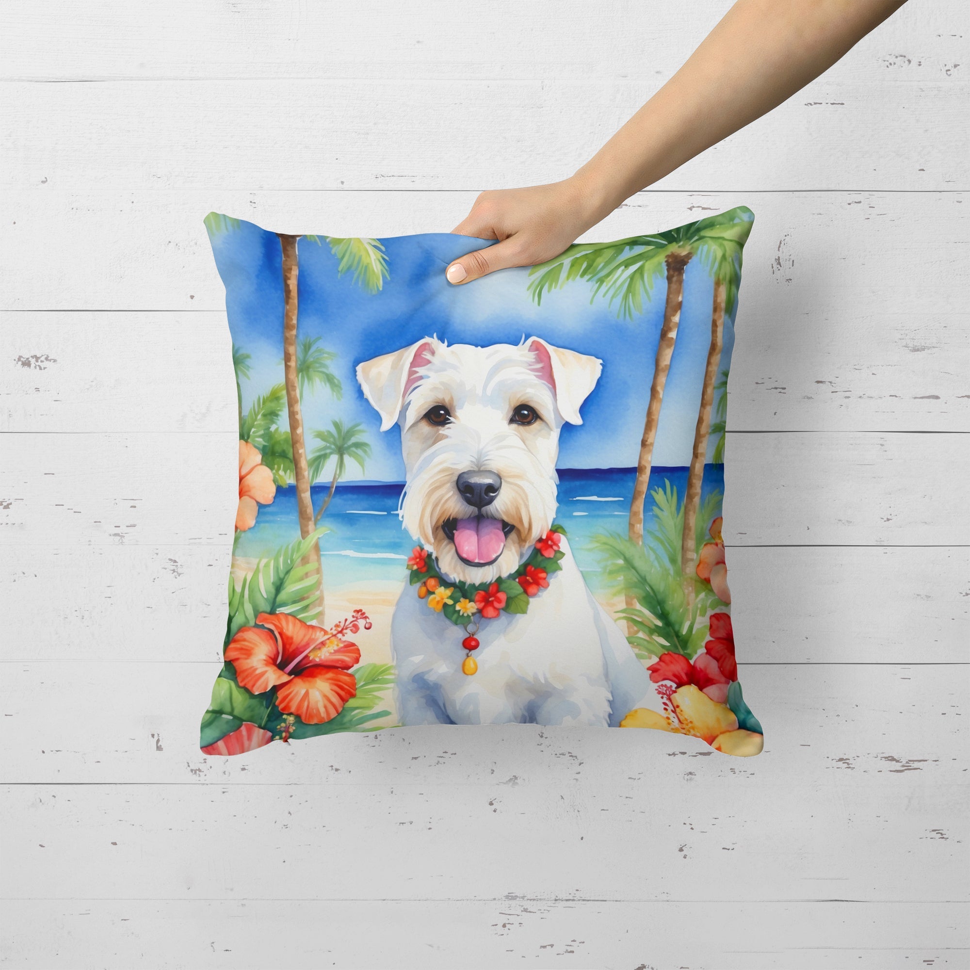 Sealyham Terrier Luau Decorative Throw Pillow 18x18 Indoor Outdoor Accent Cushion, Fabric Cover with Insert for Sofa, Bed, Porch & Living Room