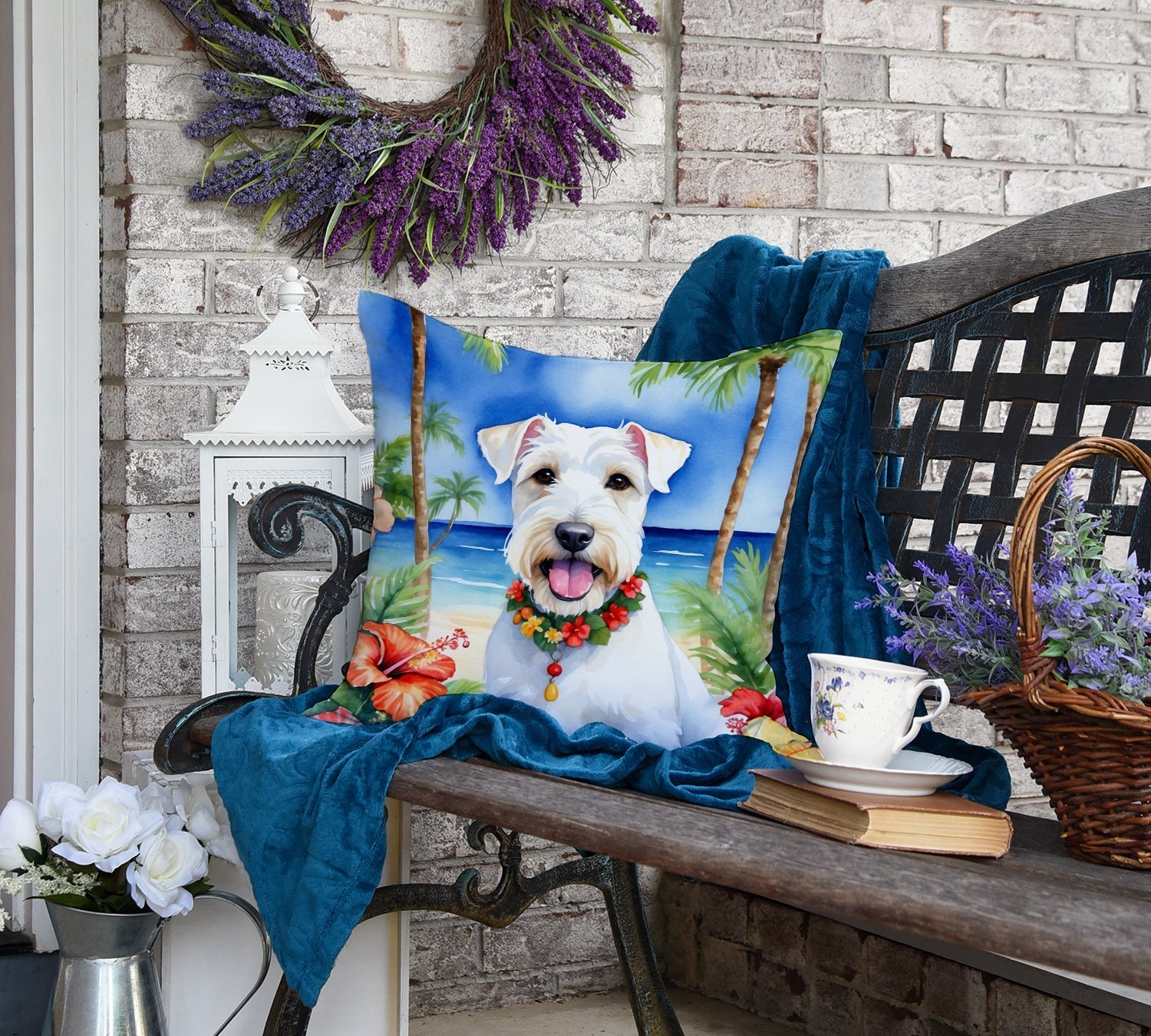 Sealyham Terrier Luau Decorative Throw Pillow 18x18 Indoor Outdoor Accent Cushion, Fabric Cover with Insert for Sofa, Bed, Porch & Living Room