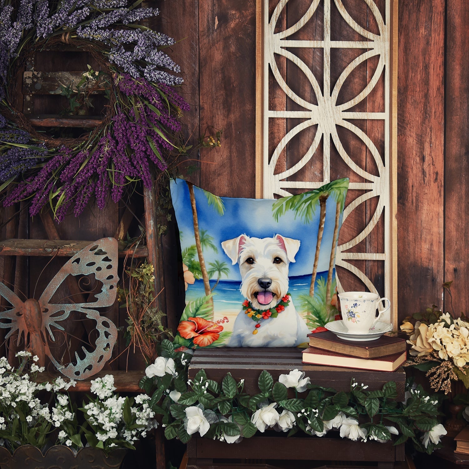 Sealyham Terrier Luau Decorative Throw Pillow 18x18 Indoor Outdoor Accent Cushion, Fabric Cover with Insert for Sofa, Bed, Porch & Living Room