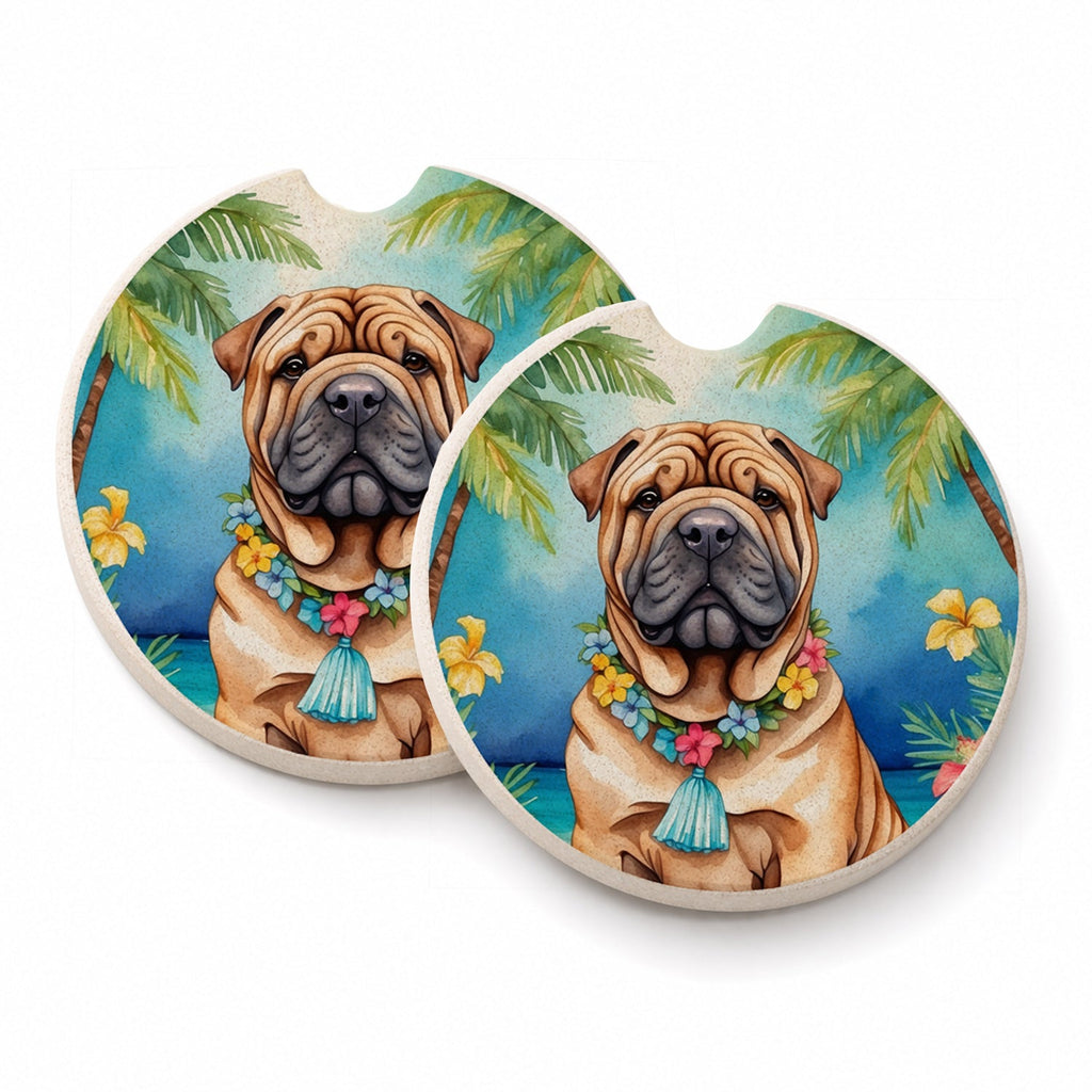 Shar Pei Luau Set of 2 Cup Holder Car Coasters Absorbent Round Sandstone Coasters Gifts for Men or Women, 2.5, Multicolor