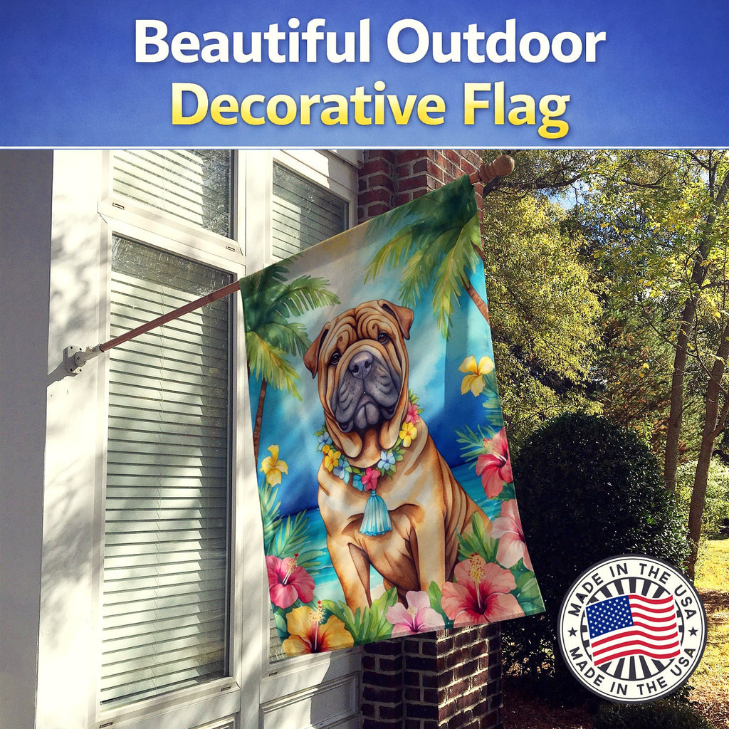 Shar Pei Luau House Flag 28x40 Porch Sleeve Pole Decorative Outside Yard Banner Artwork Wall Hanging, Polyester