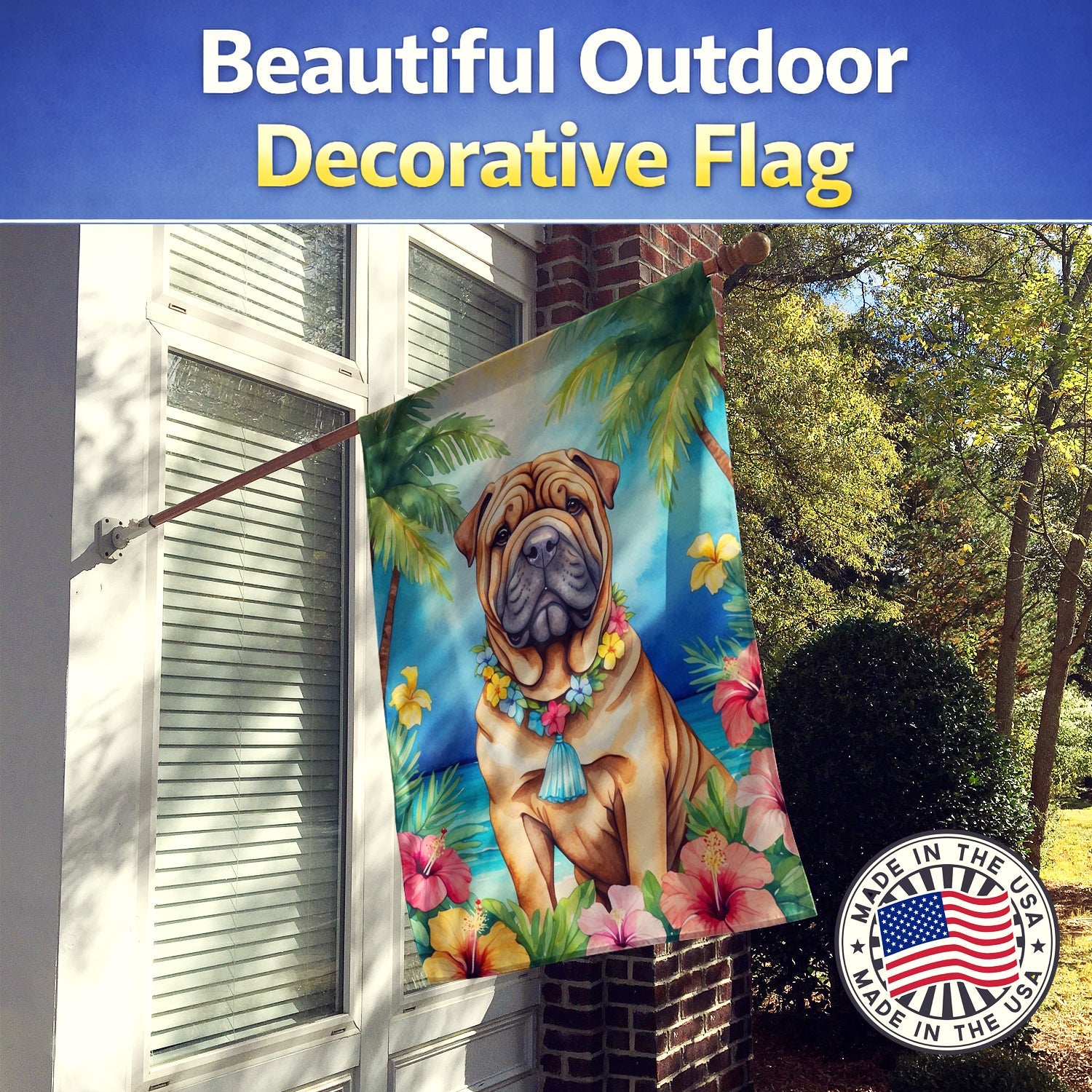 Shar Pei Luau House Flag 28x40 Porch Sleeve Pole Decorative Outside Yard Banner Artwork Wall Hanging, Polyester
