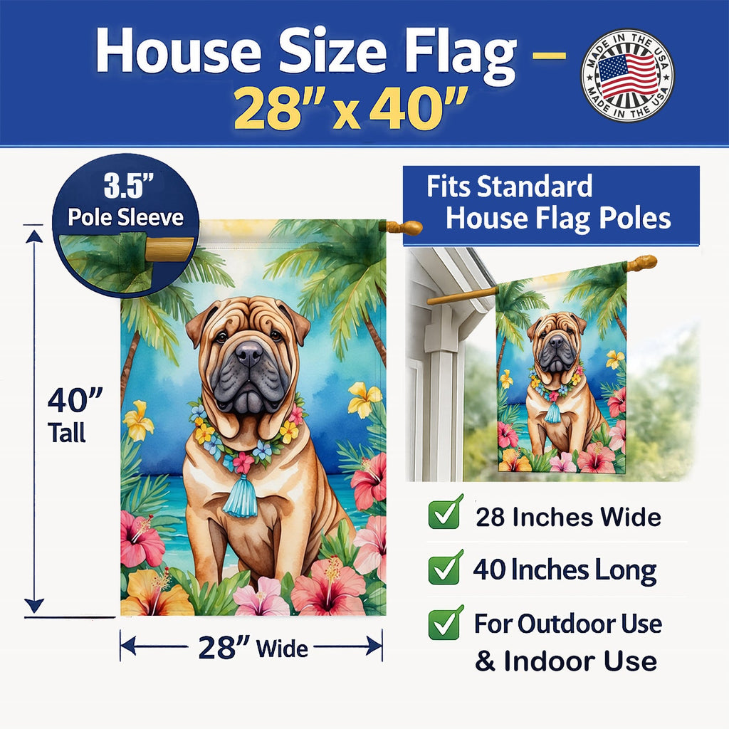 Shar Pei Luau House Flag 28x40 Porch Sleeve Pole Decorative Outside Yard Banner Artwork Wall Hanging, Polyester