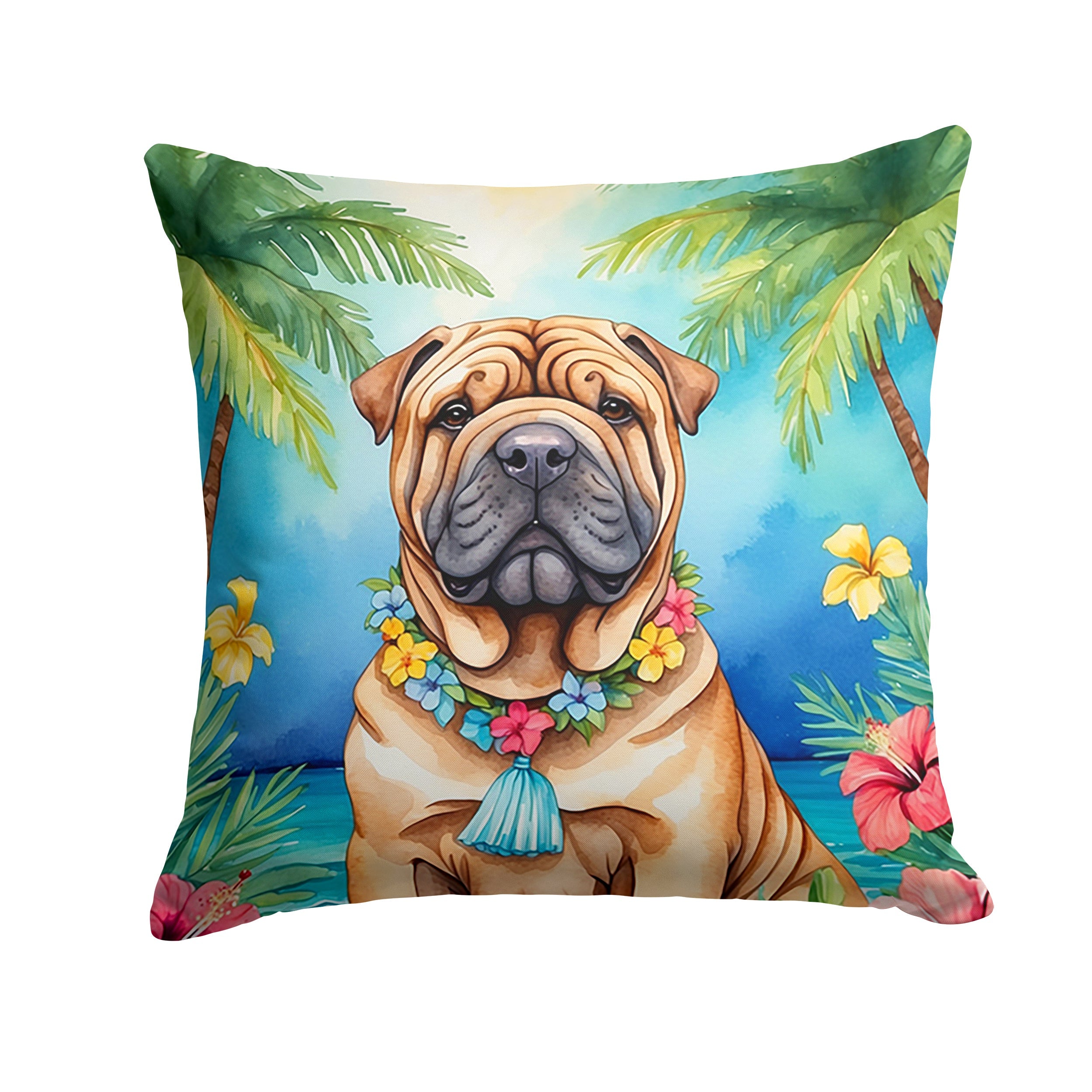 Shar Pei Luau Decorative Throw Pillow 14x14 Indoor Outdoor Accent Cushion, Fabric Cover with Insert for Sofa, Bed, Porch & Living Room