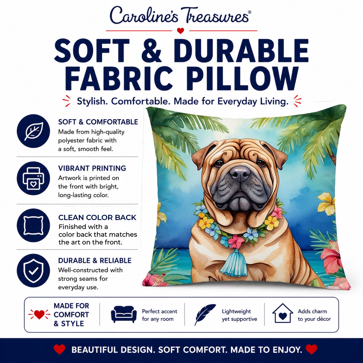 Shar Pei Luau Decorative Throw Pillow 14x14 Indoor Outdoor Accent Cushion, Fabric Cover with Insert for Sofa, Bed, Porch & Living Room
