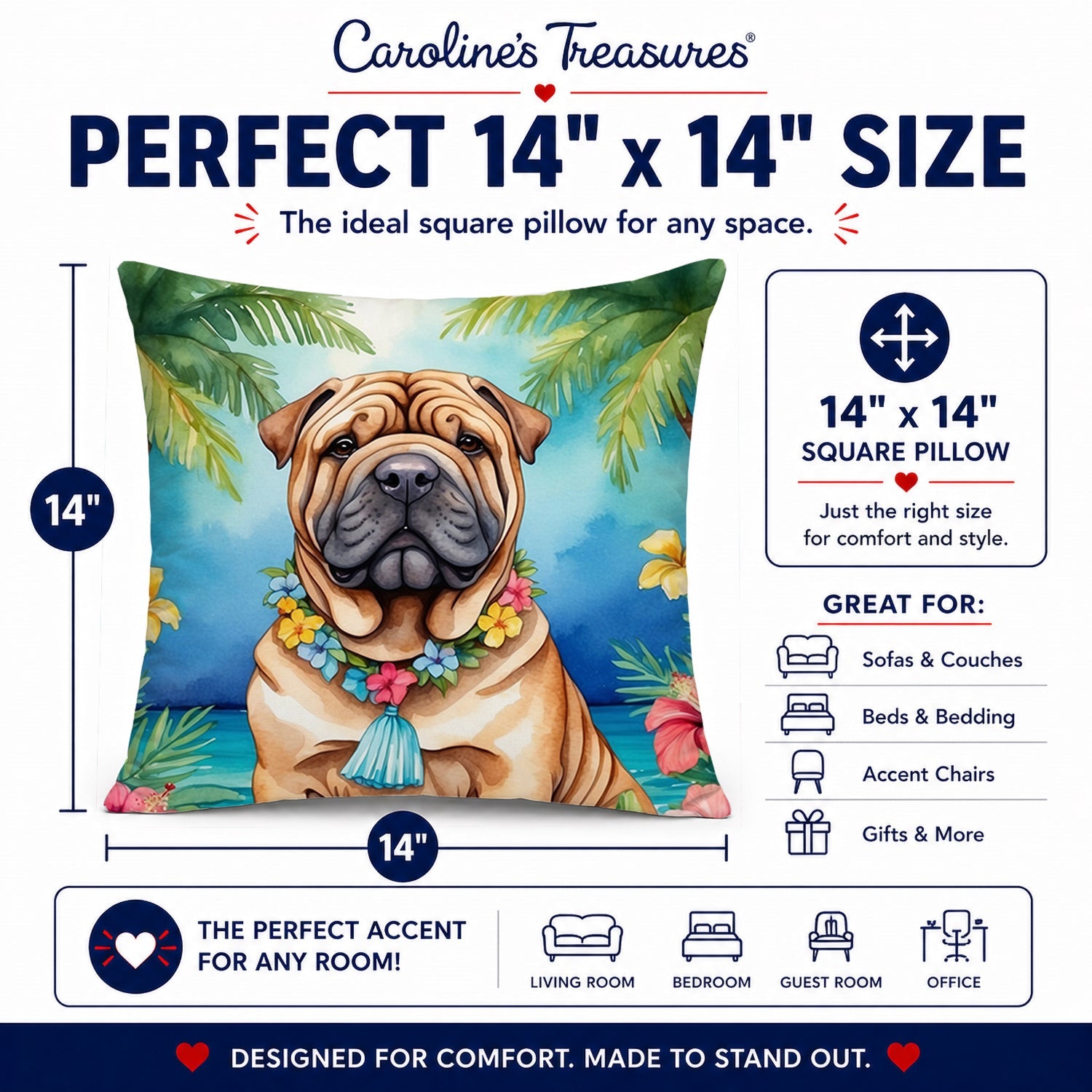 Shar Pei Luau Decorative Throw Pillow 14x14 Indoor Outdoor Accent Cushion, Fabric Cover with Insert for Sofa, Bed, Porch & Living Room
