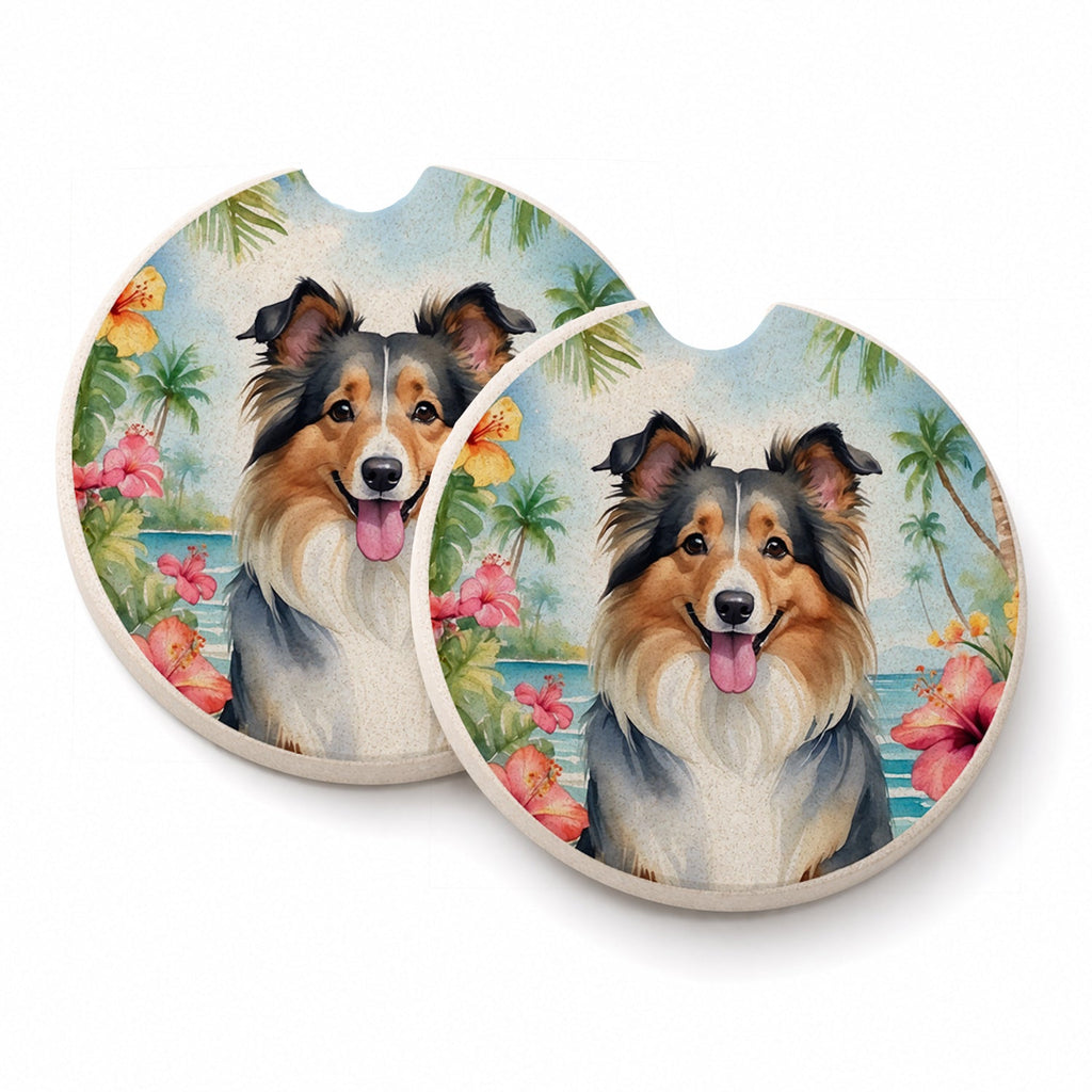 Sheltie Luau Set of 2 Cup Holder Car Coasters Absorbent Round Sandstone Coasters Gifts for Men or Women, 2.5, Multicolor