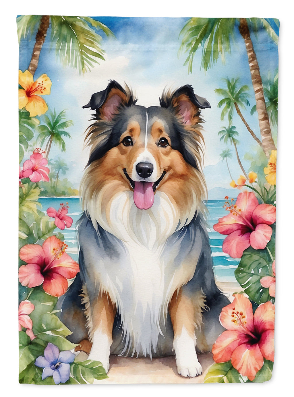 Sheltie Luau House Flag 28x40 Porch Sleeve Pole Decorative Outside Yard Banner Artwork Wall Hanging, Polyester