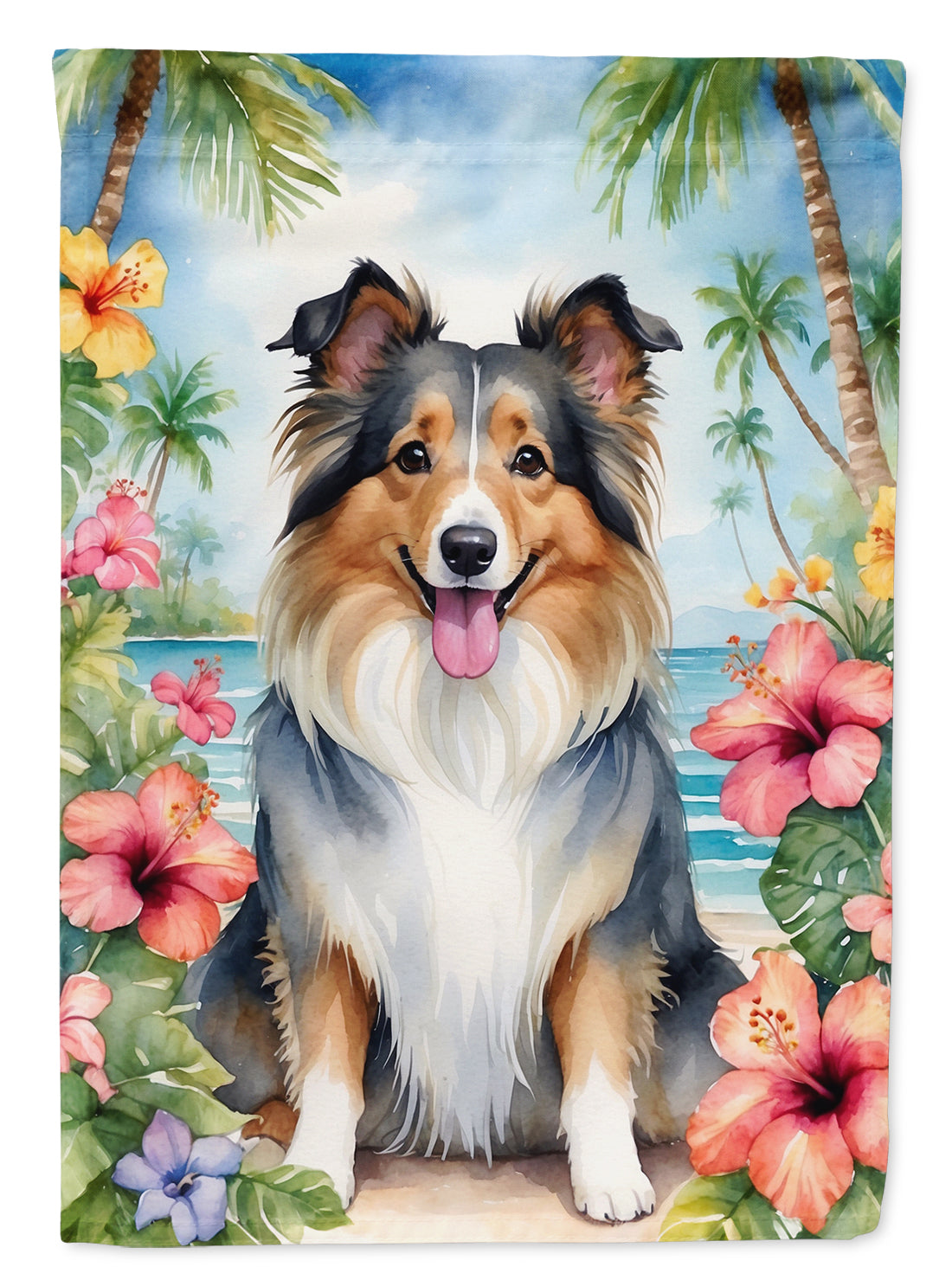 Sheltie Luau House Flag 28x40 Porch Sleeve Pole Decorative Outside Yard Banner Artwork Wall Hanging, Polyester