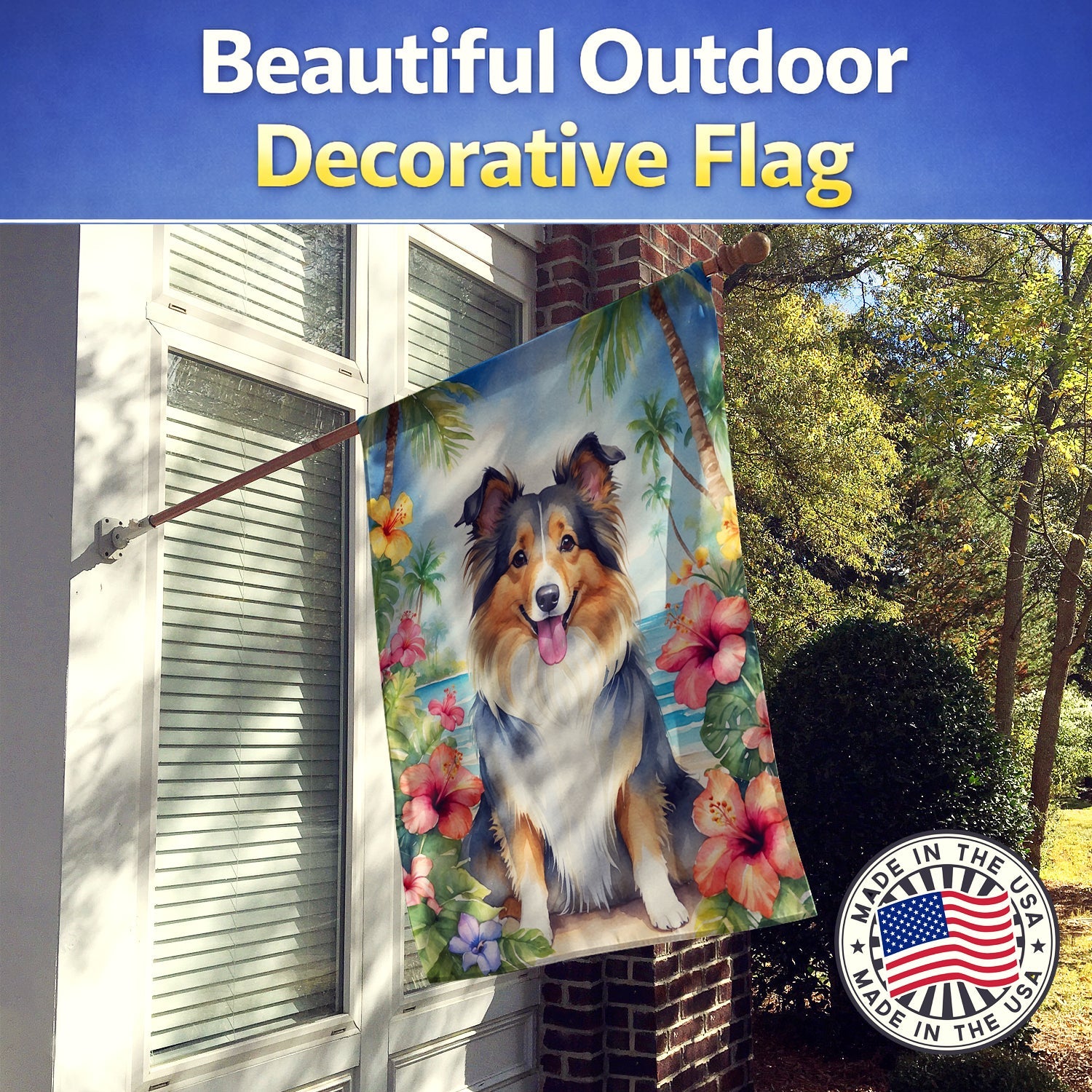 Sheltie Luau House Flag 28x40 Porch Sleeve Pole Decorative Outside Yard Banner Artwork Wall Hanging, Polyester