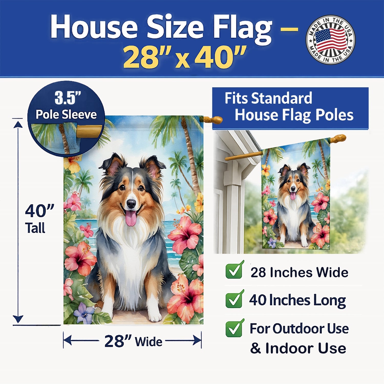 Sheltie Luau House Flag 28x40 Porch Sleeve Pole Decorative Outside Yard Banner Artwork Wall Hanging, Polyester