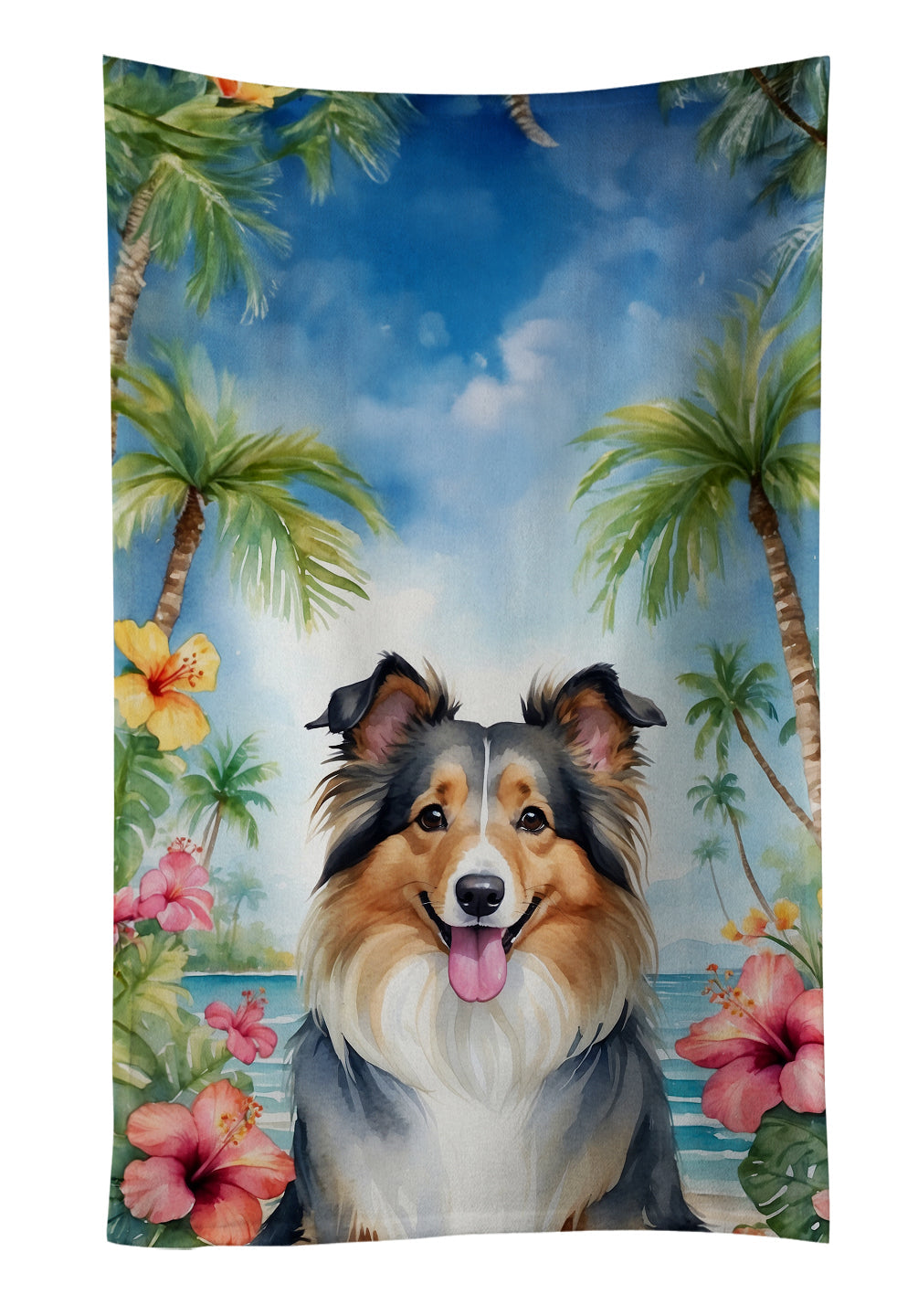 Sheltie Luau Kitchen Towel Velour Plush Front and Cotton Loop Back Machine Washable