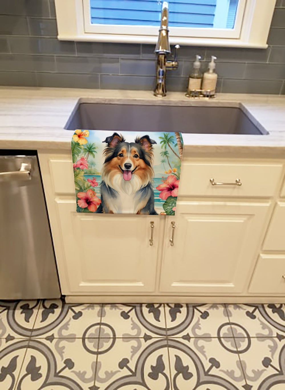 Sheltie Luau Kitchen Towel Velour Plush Front and Cotton Loop Back Machine Washable