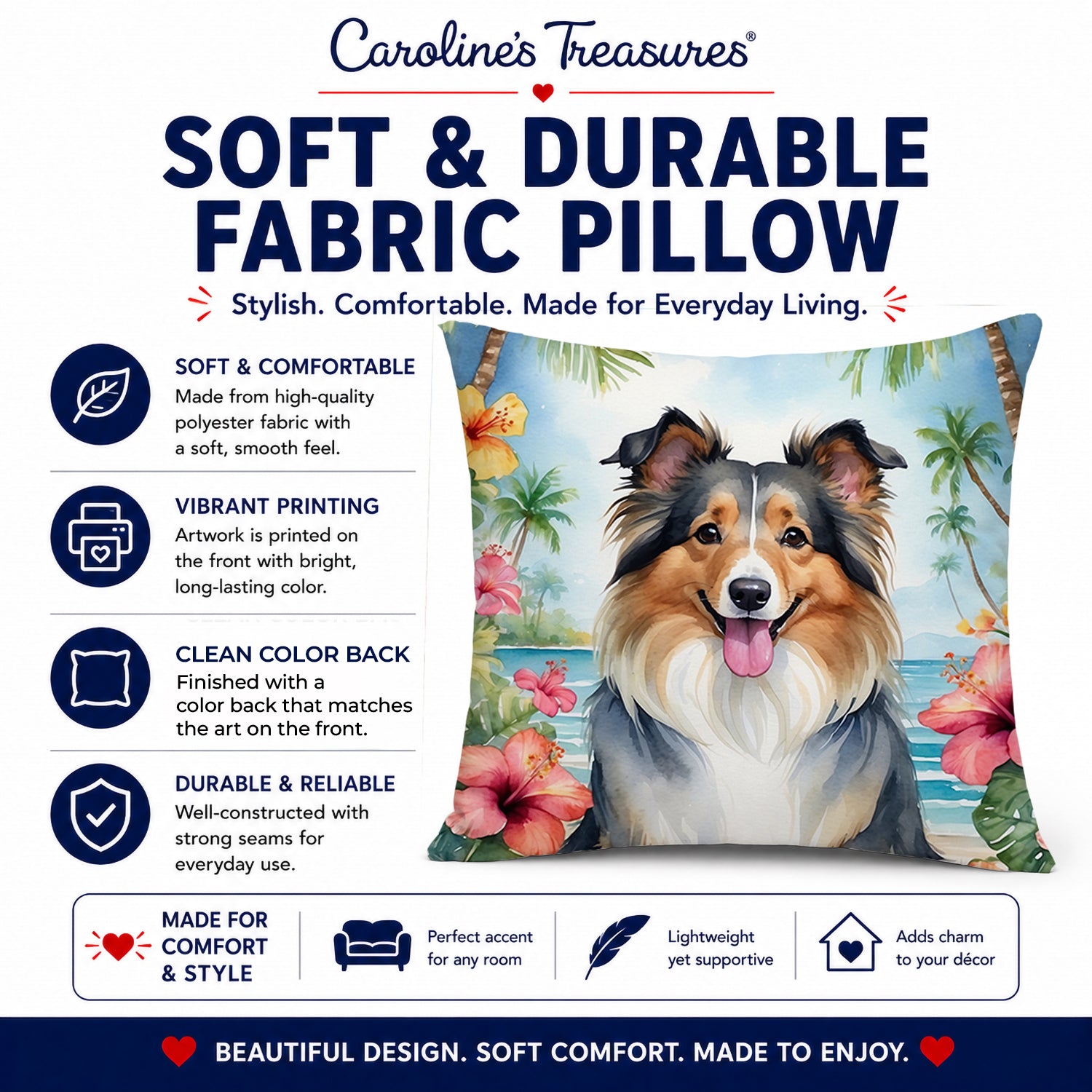 Sheltie Luau Decorative Throw Pillow 14x14 Indoor Outdoor Accent Cushion, Fabric Cover with Insert for Sofa, Bed, Porch & Living Room