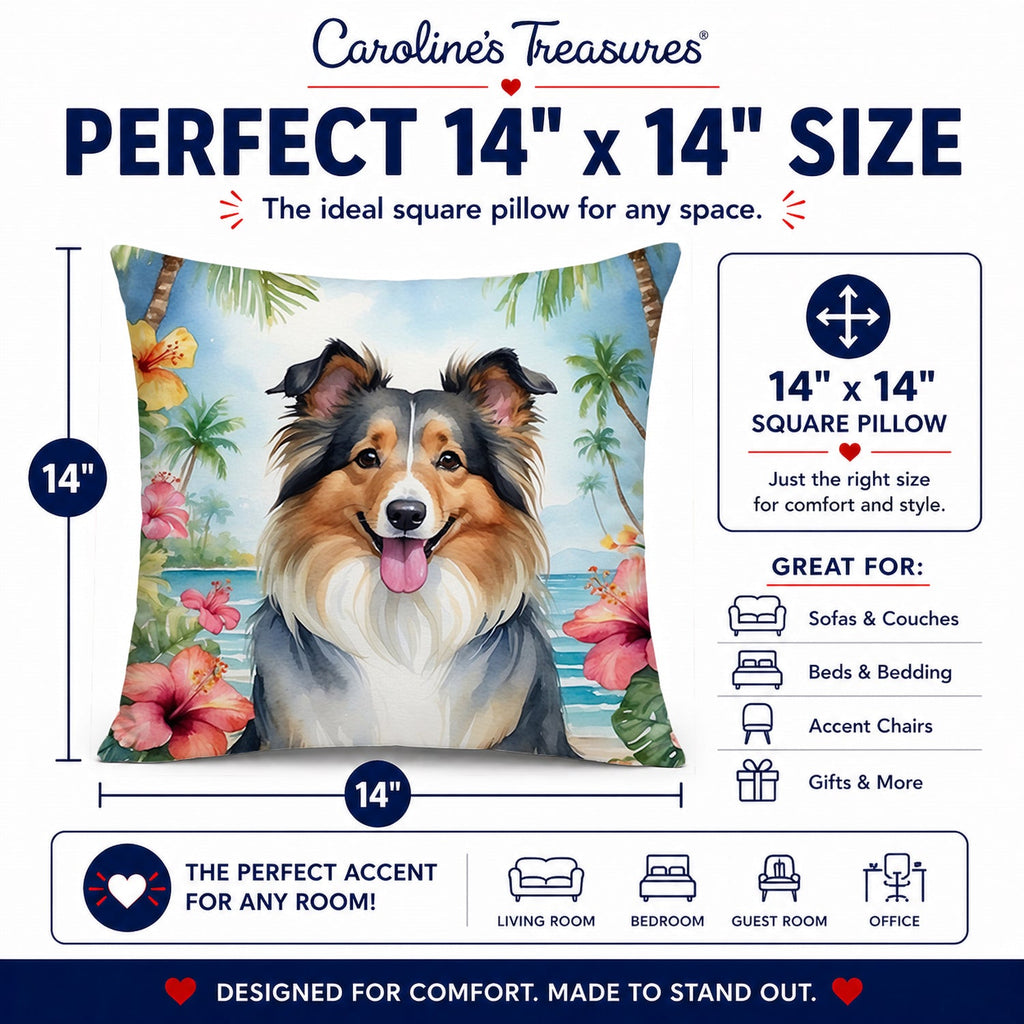 Sheltie Luau Decorative Throw Pillow 14x14 Indoor Outdoor Accent Cushion, Fabric Cover with Insert for Sofa, Bed, Porch & Living Room