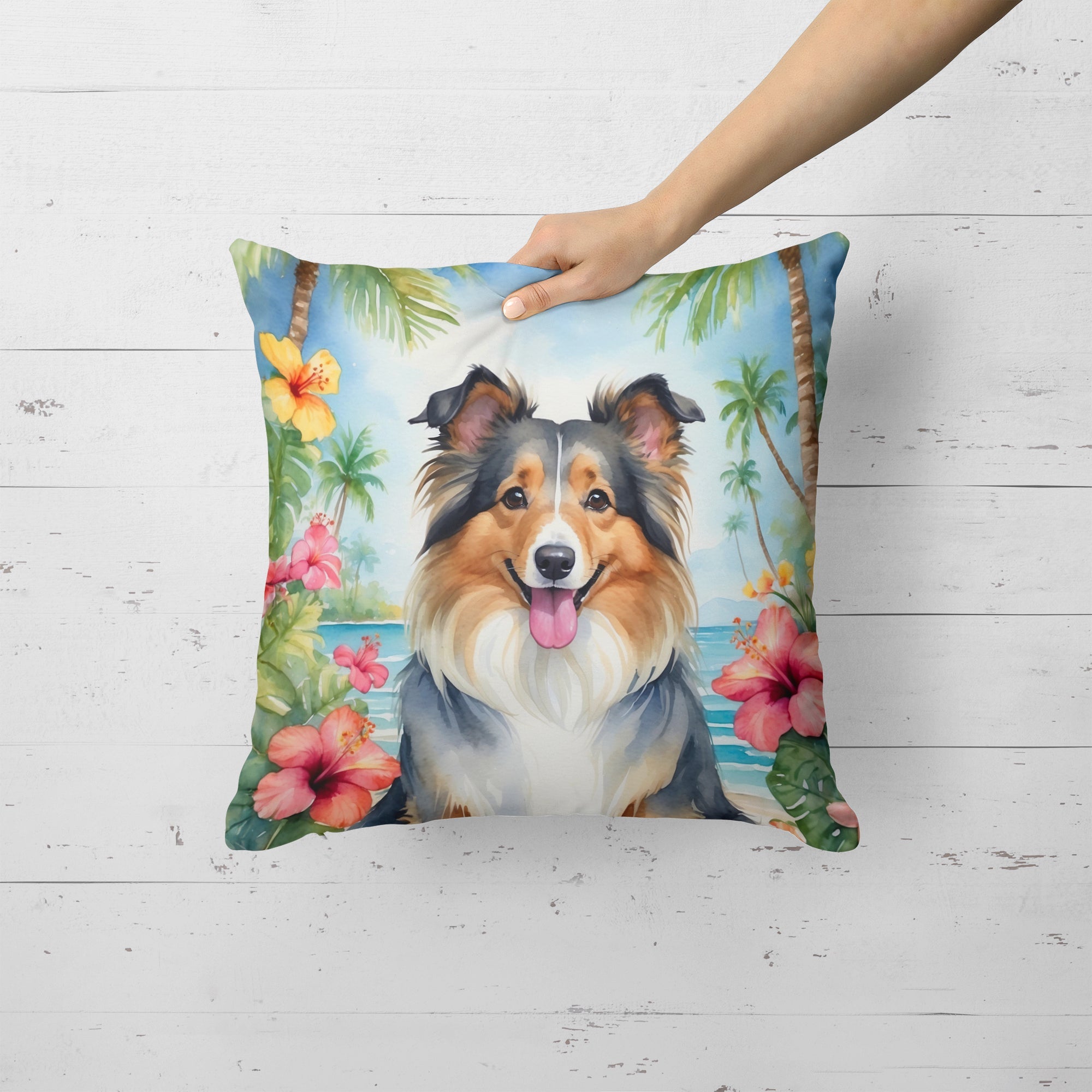 Sheltie Luau Decorative Throw Pillow 18x18 Indoor Outdoor Accent Cushion, Fabric Cover with Insert for Sofa, Bed, Porch & Living Room