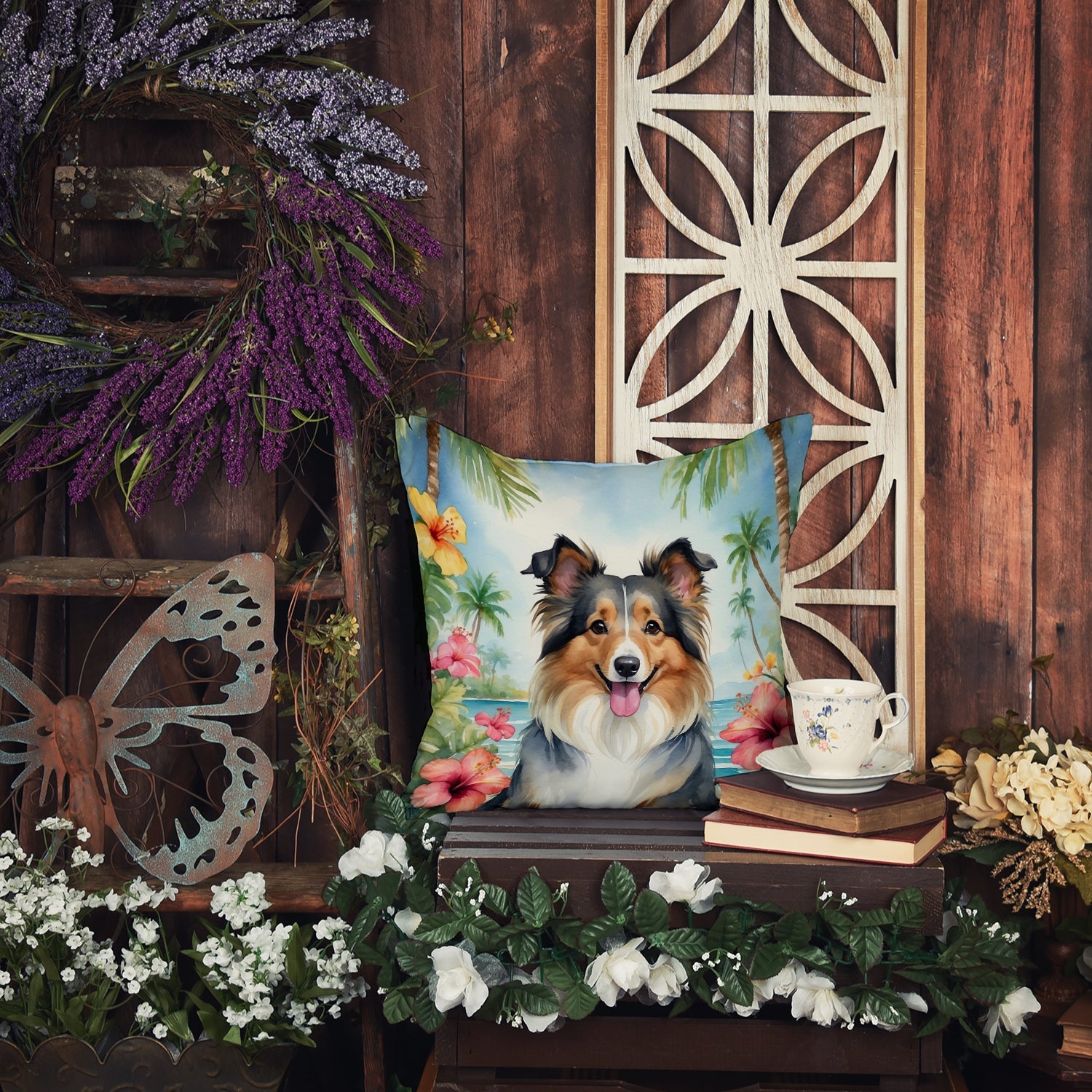 Sheltie Luau Decorative Throw Pillow 18x18 Indoor Outdoor Accent Cushion, Fabric Cover with Insert for Sofa, Bed, Porch & Living Room