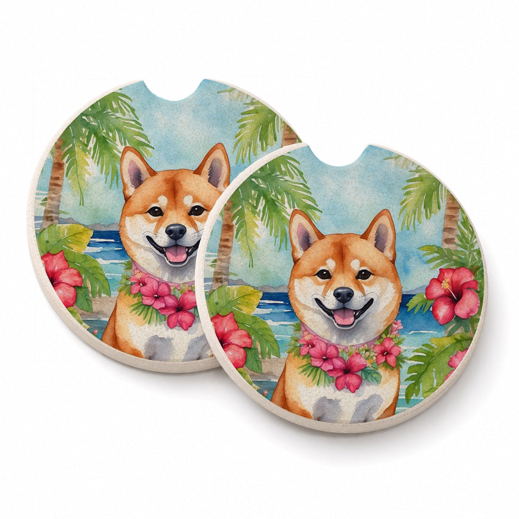 Shiba Inu Luau Set of 2 Cup Holder Car Coasters Absorbent Round Sandstone Coasters Gifts for Men or Women, 2.5, Multicolor