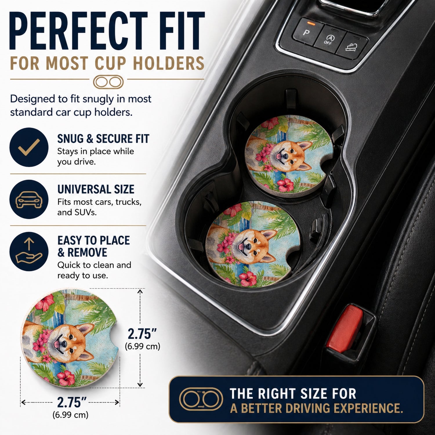 Shiba Inu Luau Set of 2 Cup Holder Car Coasters Absorbent Round Sandstone Coasters Gifts for Men or Women, 2.5, Multicolor