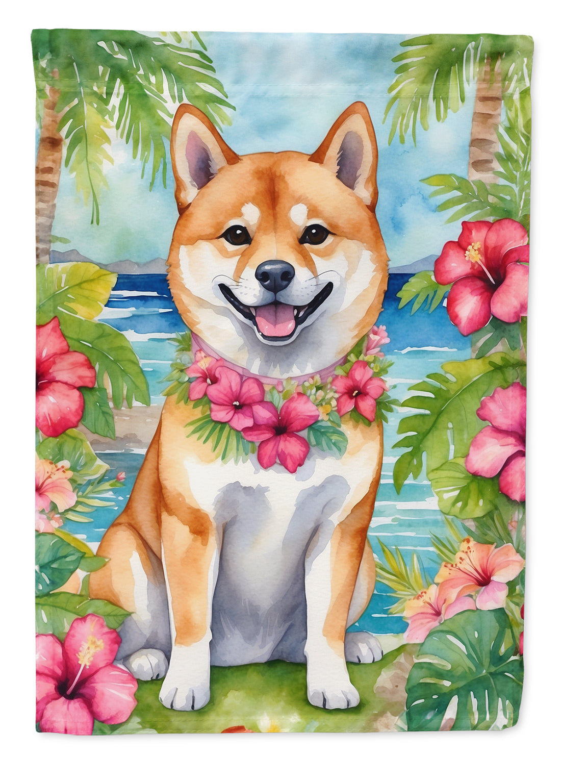 Shiba Inu Luau House Flag 28x40 Porch Sleeve Pole Decorative Outside Yard Banner Artwork Wall Hanging, Polyester