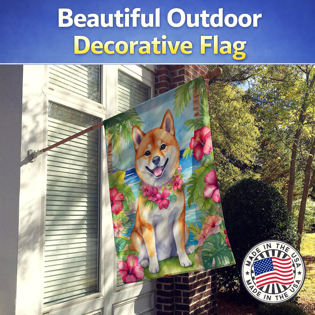 Shiba Inu Luau House Flag 28x40 Porch Sleeve Pole Decorative Outside Yard Banner Artwork Wall Hanging, Polyester