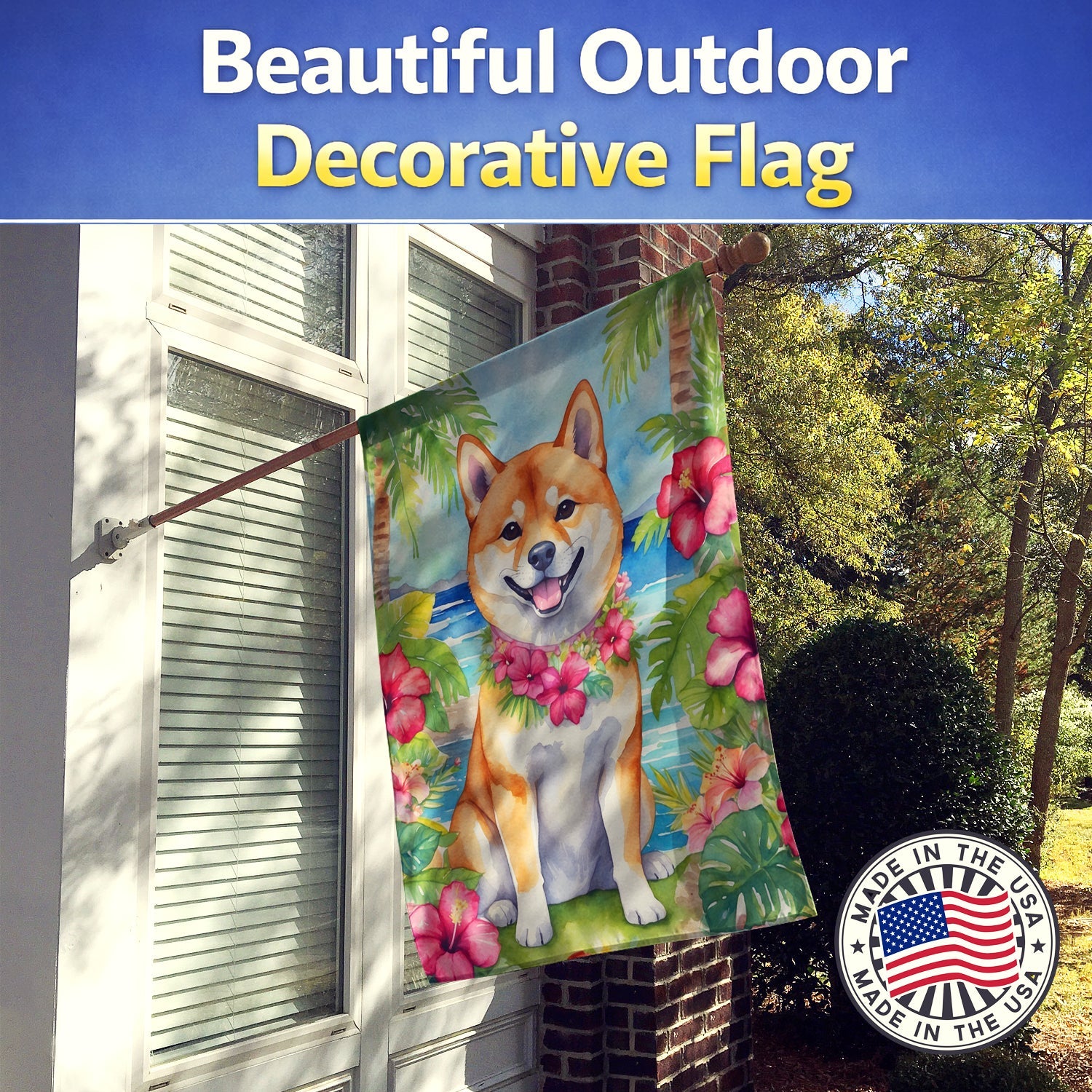 Shiba Inu Luau House Flag 28x40 Porch Sleeve Pole Decorative Outside Yard Banner Artwork Wall Hanging, Polyester