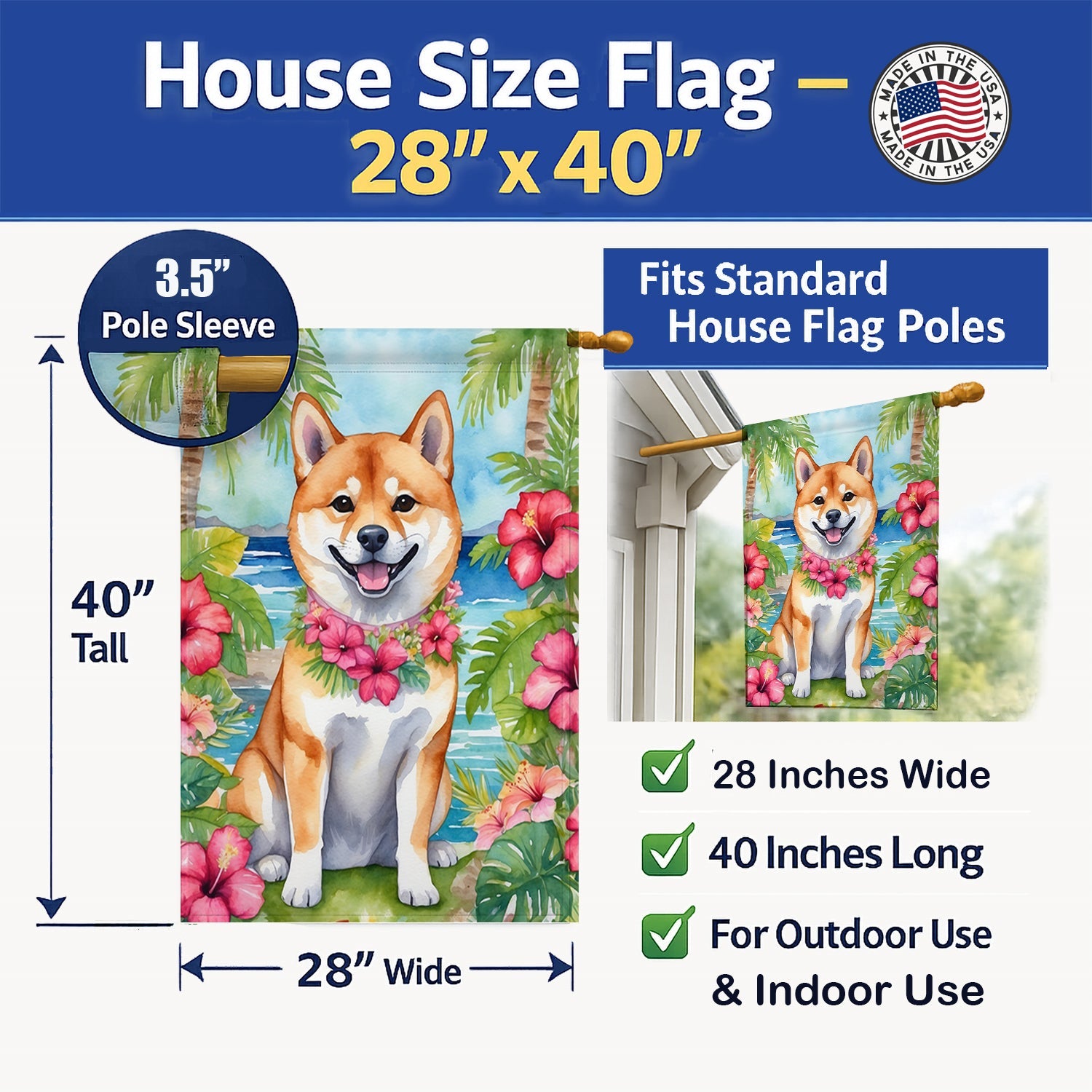 Shiba Inu Luau House Flag 28x40 Porch Sleeve Pole Decorative Outside Yard Banner Artwork Wall Hanging, Polyester