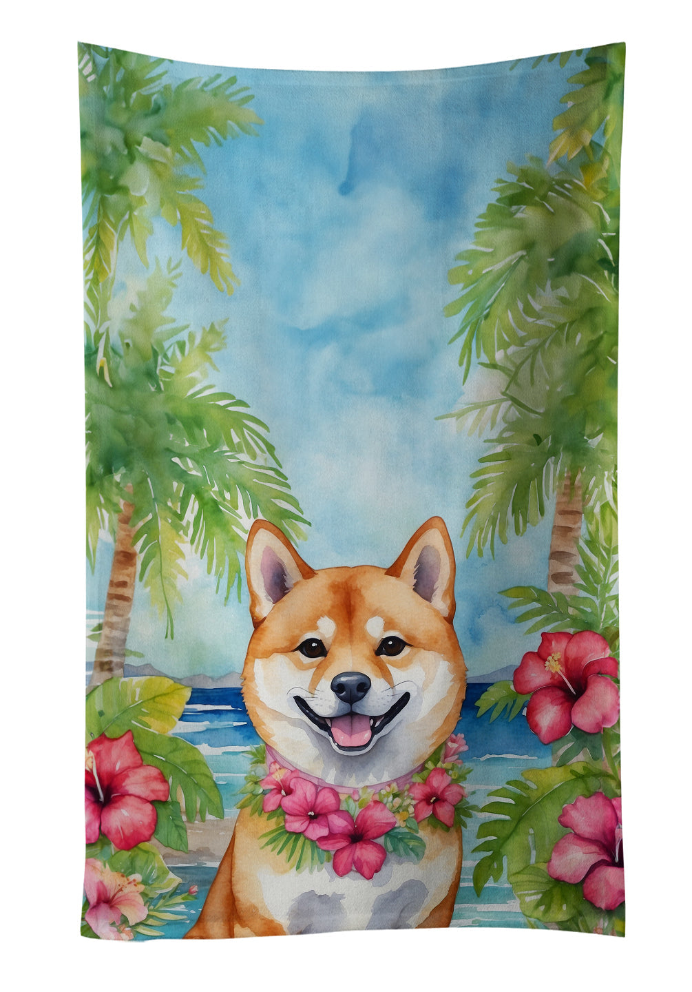 Shiba Inu Luau Kitchen Towel Velour Plush Front and Cotton Loop Back Machine Washable