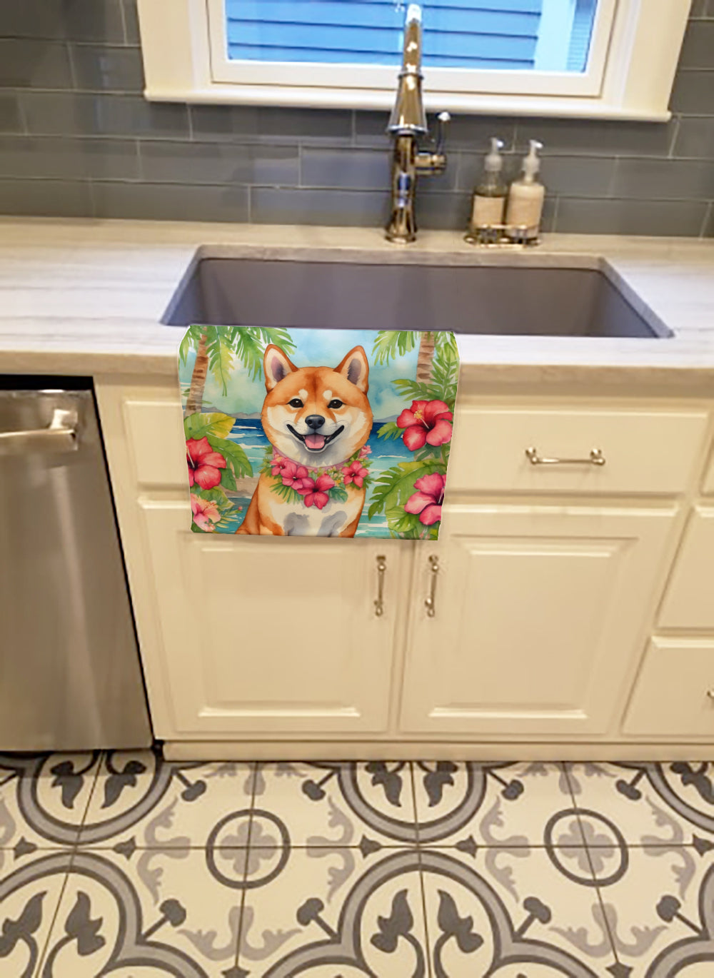 Shiba Inu Luau Kitchen Towel Velour Plush Front and Cotton Loop Back Machine Washable