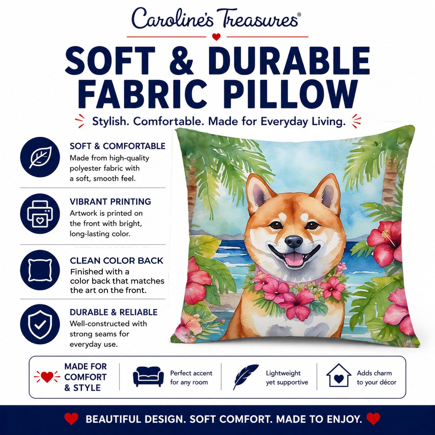 Shiba Inu Luau Decorative Throw Pillow 14x14 Indoor Outdoor Accent Cushion, Fabric Cover with Insert for Sofa, Bed, Porch & Living Room