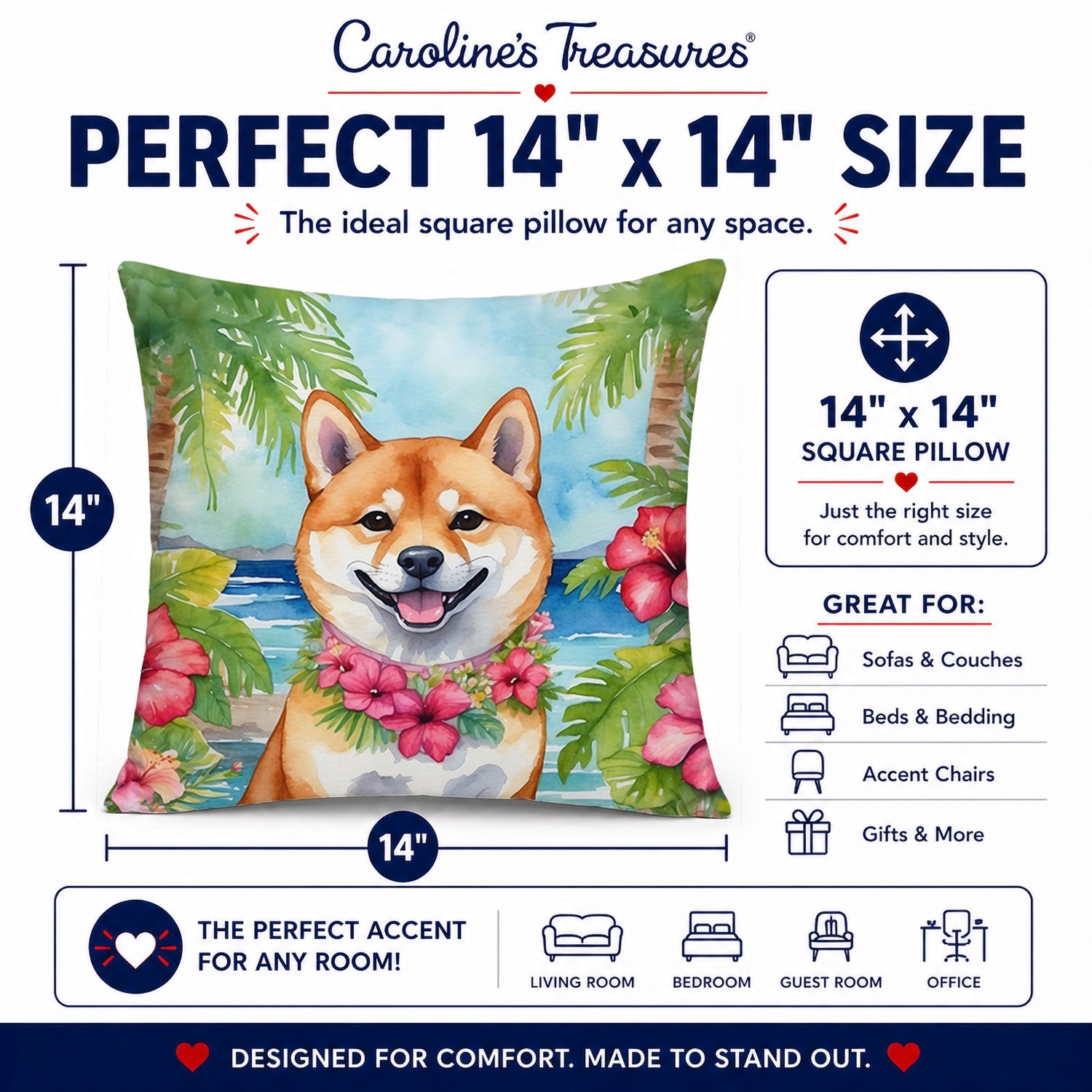 Shiba Inu Luau Decorative Throw Pillow 14x14 Indoor Outdoor Accent Cushion, Fabric Cover with Insert for Sofa, Bed, Porch & Living Room