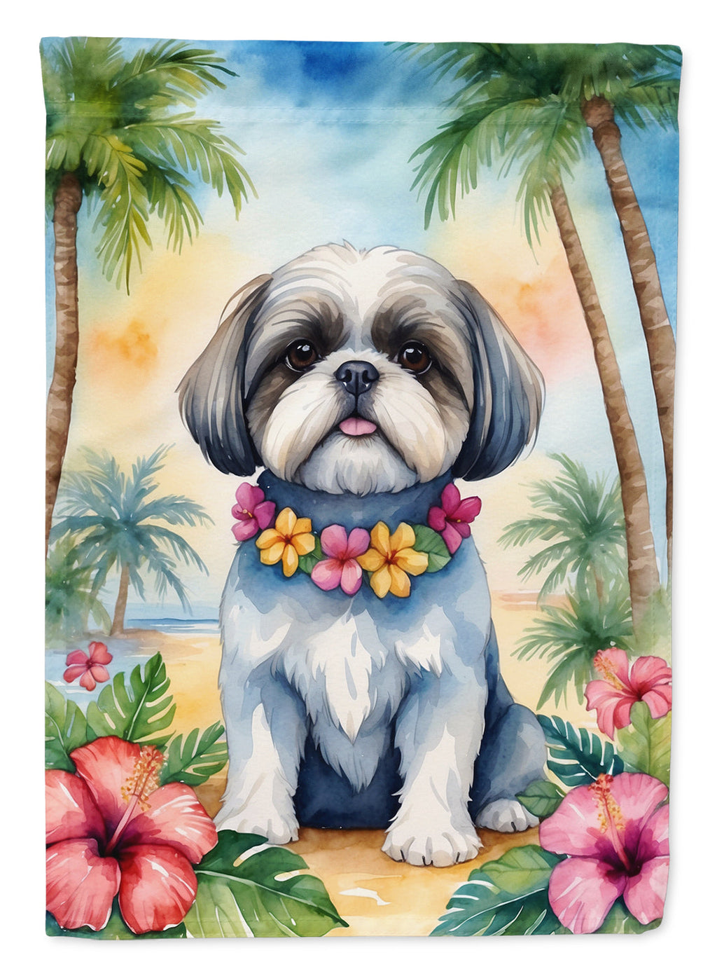 Shih Tzu Luau House Flag 28x40 Porch Sleeve Pole Decorative Outside Yard Banner Artwork Wall Hanging, Polyester