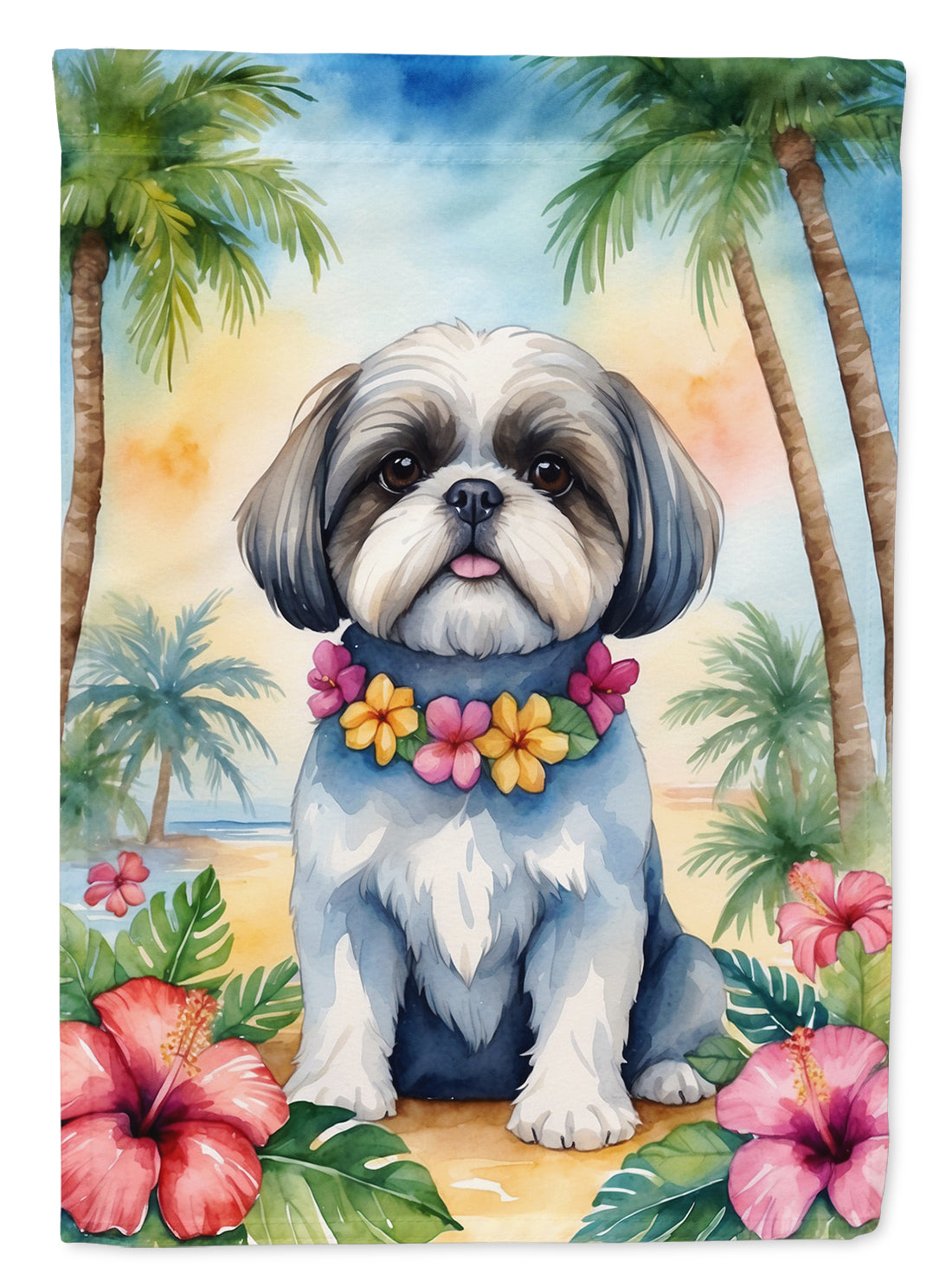 Shih Tzu Luau House Flag 28x40 Porch Sleeve Pole Decorative Outside Yard Banner Artwork Wall Hanging, Polyester