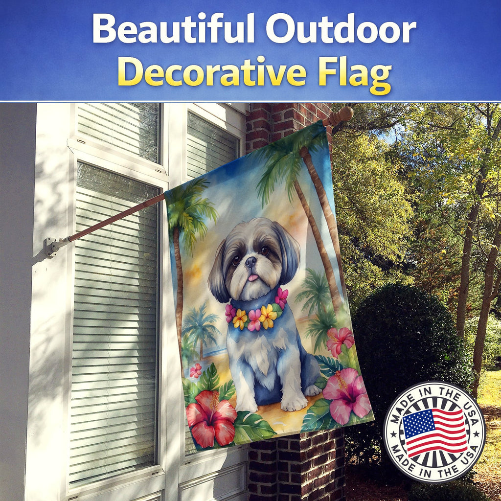 Shih Tzu Luau House Flag 28x40 Porch Sleeve Pole Decorative Outside Yard Banner Artwork Wall Hanging, Polyester