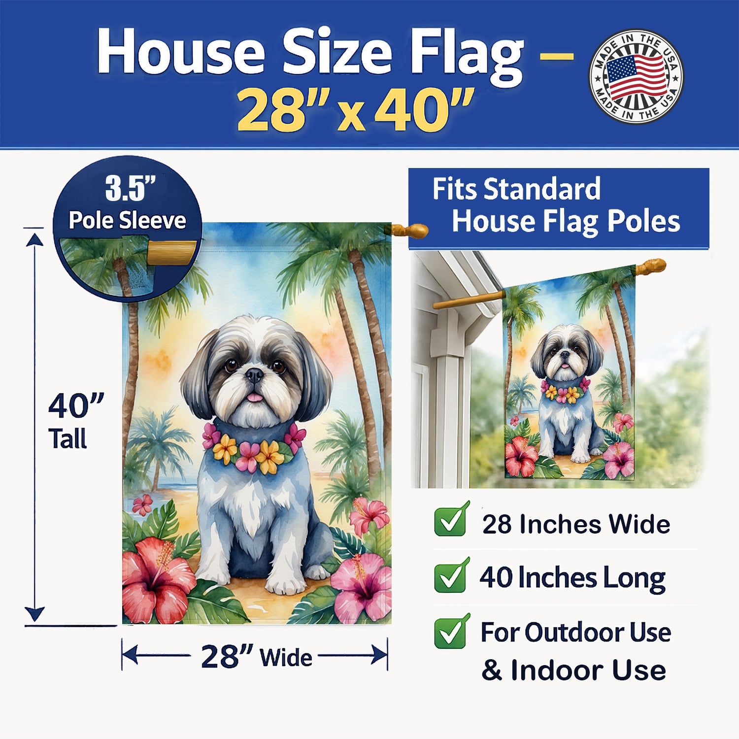 Shih Tzu Luau House Flag 28x40 Porch Sleeve Pole Decorative Outside Yard Banner Artwork Wall Hanging, Polyester