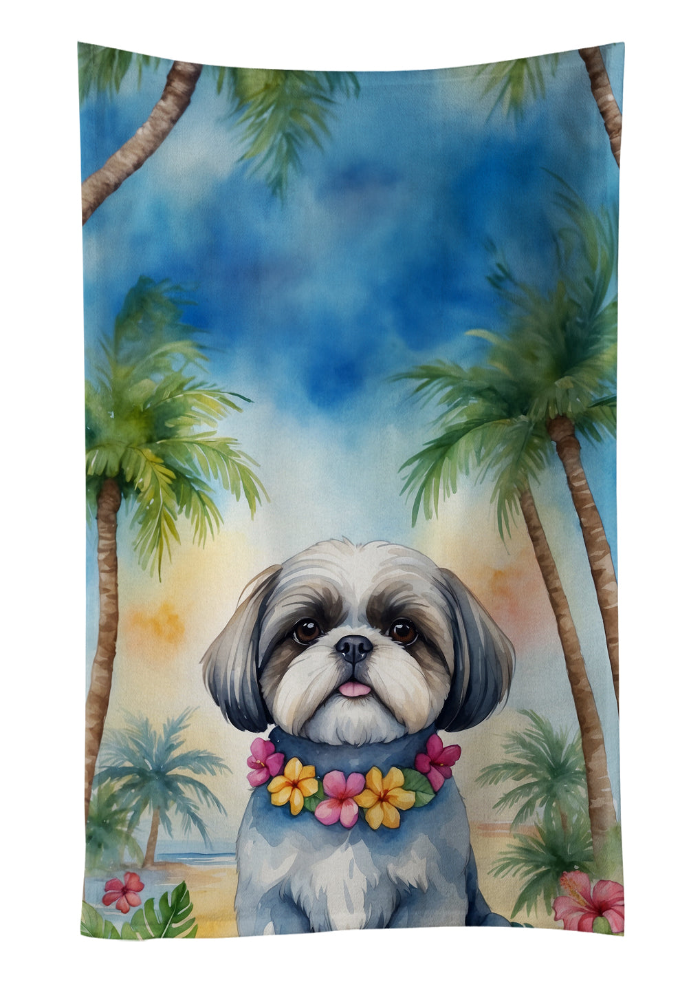Shih Tzu Luau Kitchen Towel Velour Plush Front and Cotton Loop Back Machine Washable