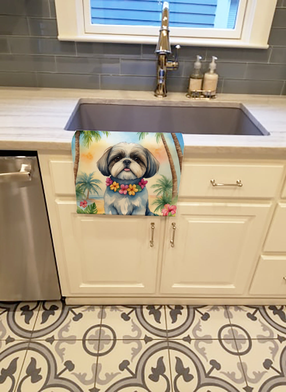 Shih Tzu Luau Kitchen Towel Velour Plush Front and Cotton Loop Back Machine Washable