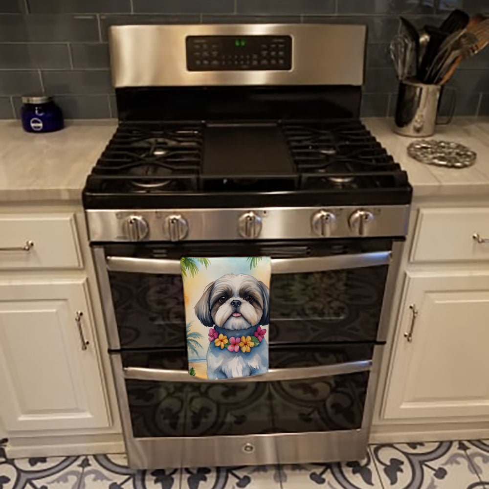 Shih Tzu Luau Kitchen Towel Velour Plush Front and Cotton Loop Back Machine Washable