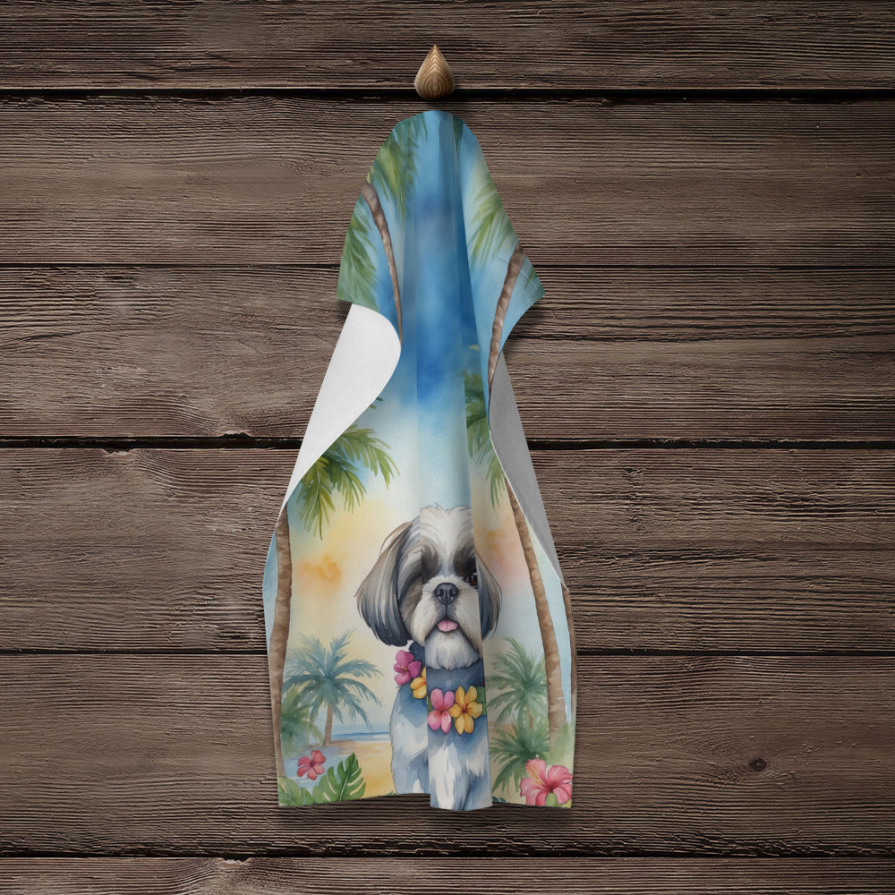 Shih Tzu Luau Kitchen Towel Velour Plush Front and Cotton Loop Back Machine Washable