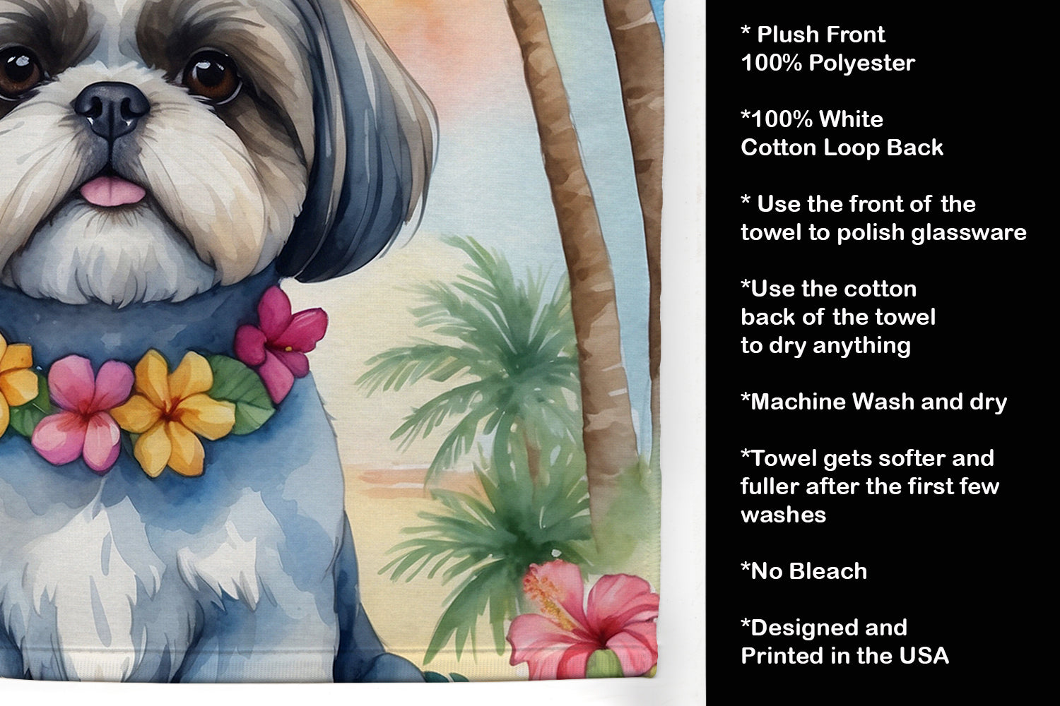 Shih Tzu Luau Kitchen Towel Velour Plush Front and Cotton Loop Back Machine Washable