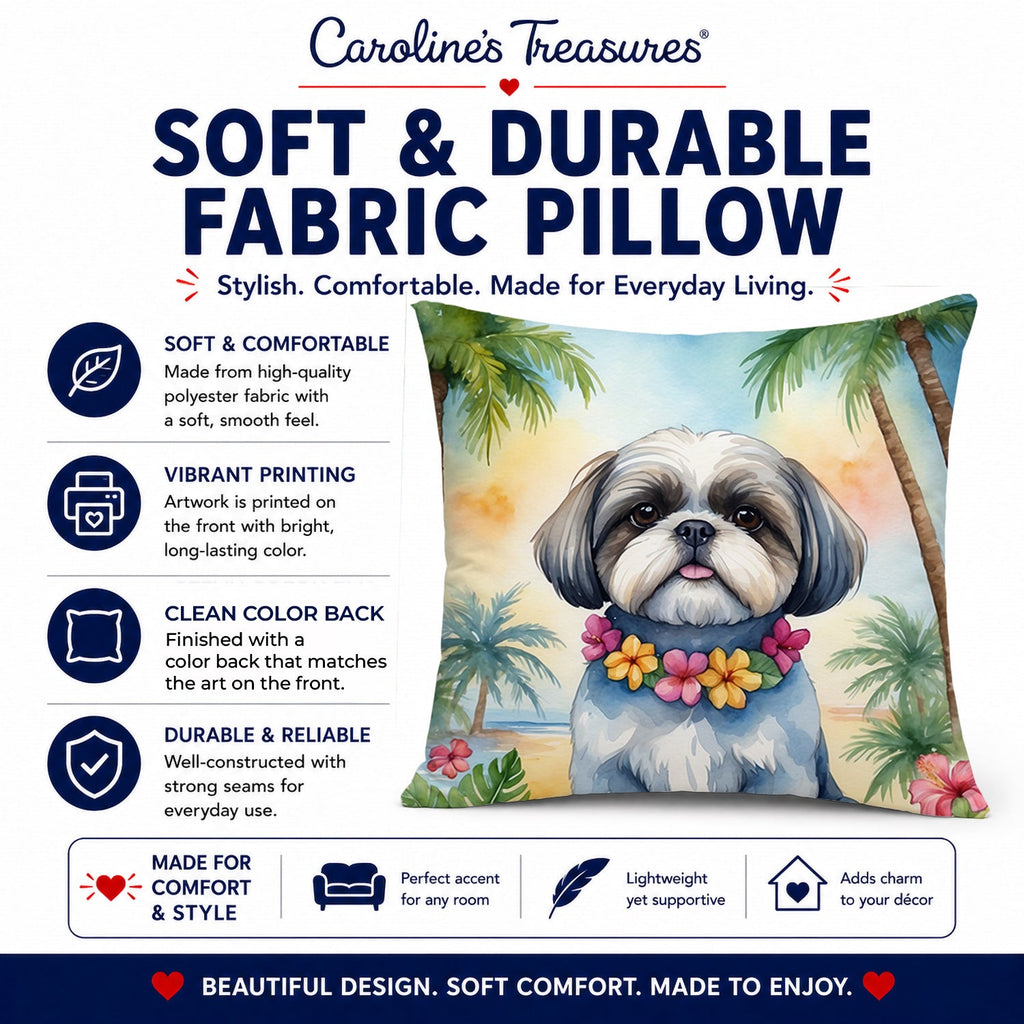 Shih Tzu Luau Decorative Throw Pillow 14x14 Indoor Outdoor Accent Cushion, Fabric Cover with Insert for Sofa, Bed, Porch & Living Room