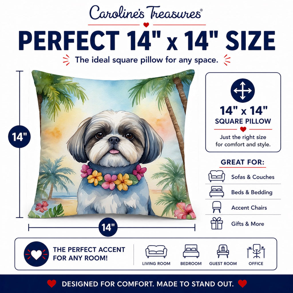 Shih Tzu Luau Decorative Throw Pillow 14x14 Indoor Outdoor Accent Cushion, Fabric Cover with Insert for Sofa, Bed, Porch & Living Room